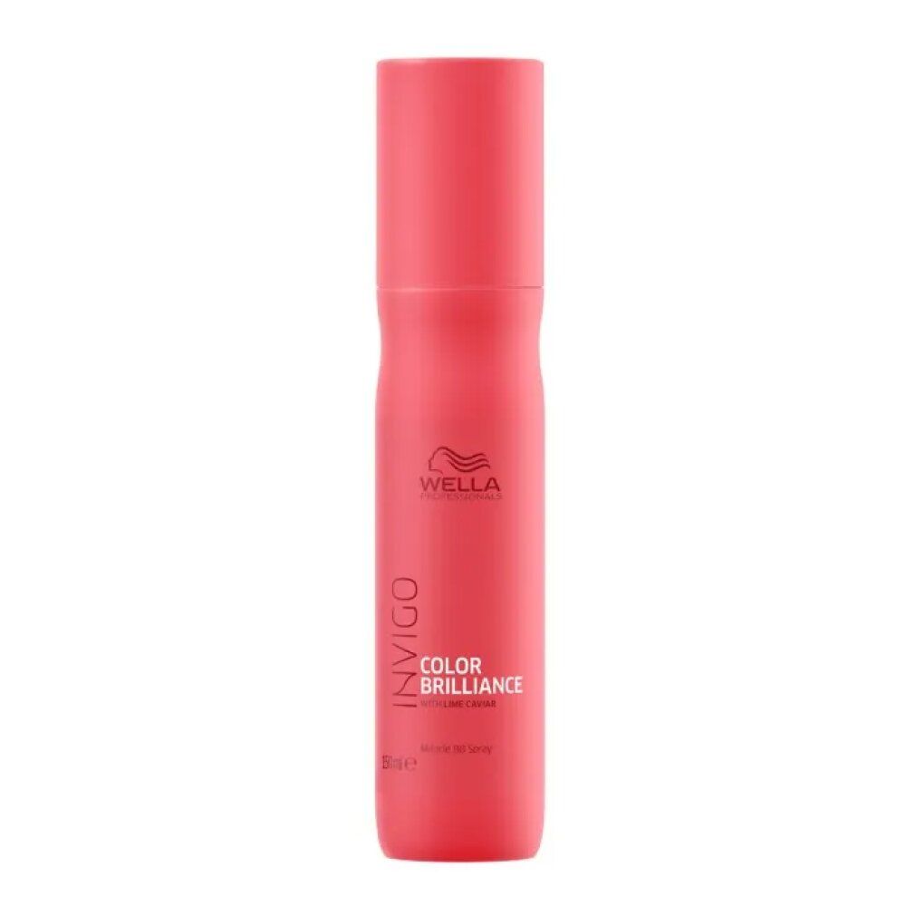 Rosa Sprühflasche. Aufschrift: Wella Invigo Color Brilliance. Logo. Flasche steht aufrecht.