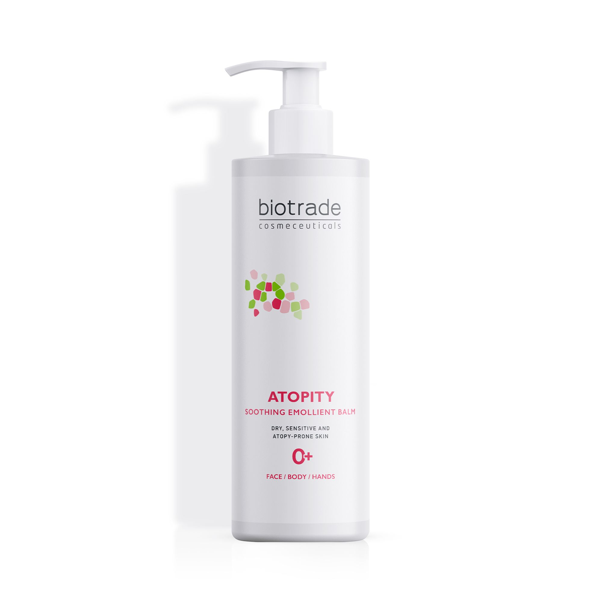 Biotrade Atopity beruhigender Körperbalsam in weißer Spenderflasche mit Pumpe. Für trockene, sensible Haut.