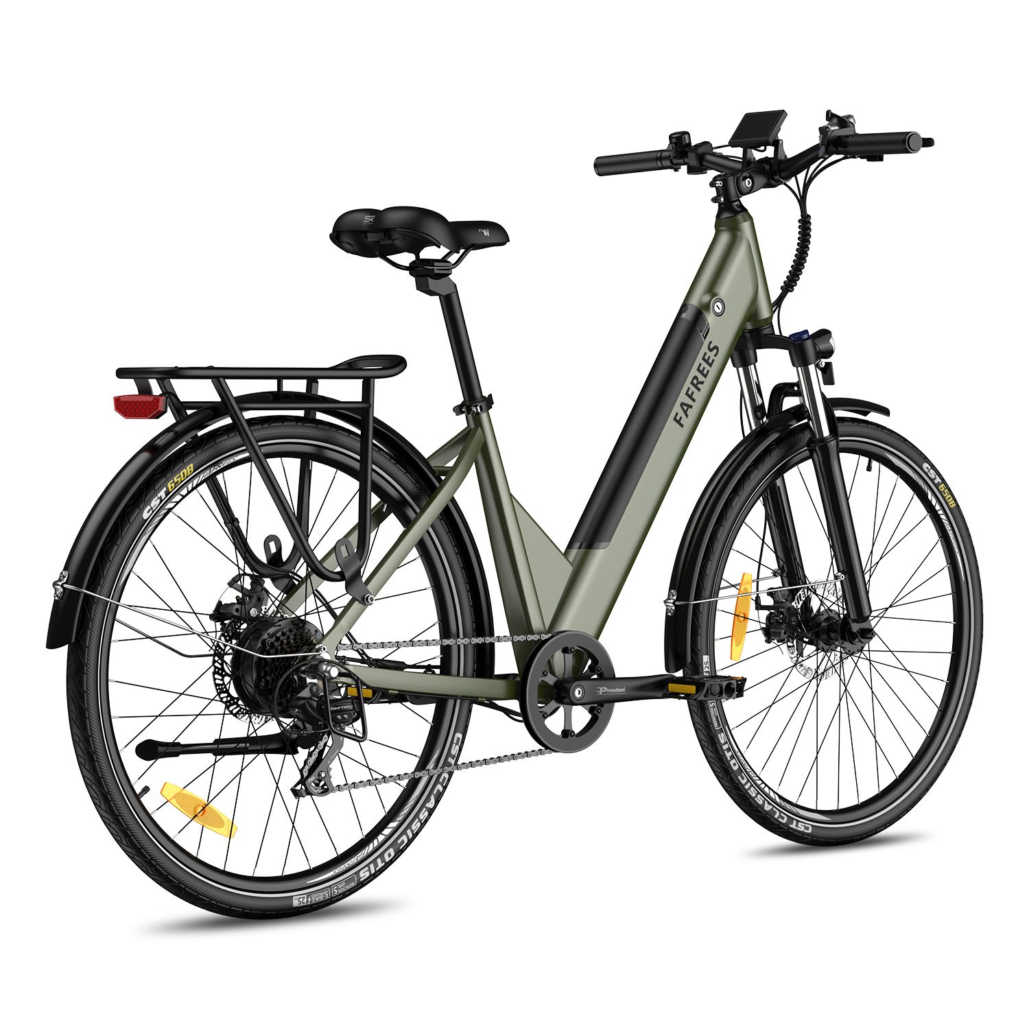 Grünes E-Bike mit Gepäckträger, Schutzblechen und dem Schriftzug FAFREES. Schwarze Reifen und Sattel.