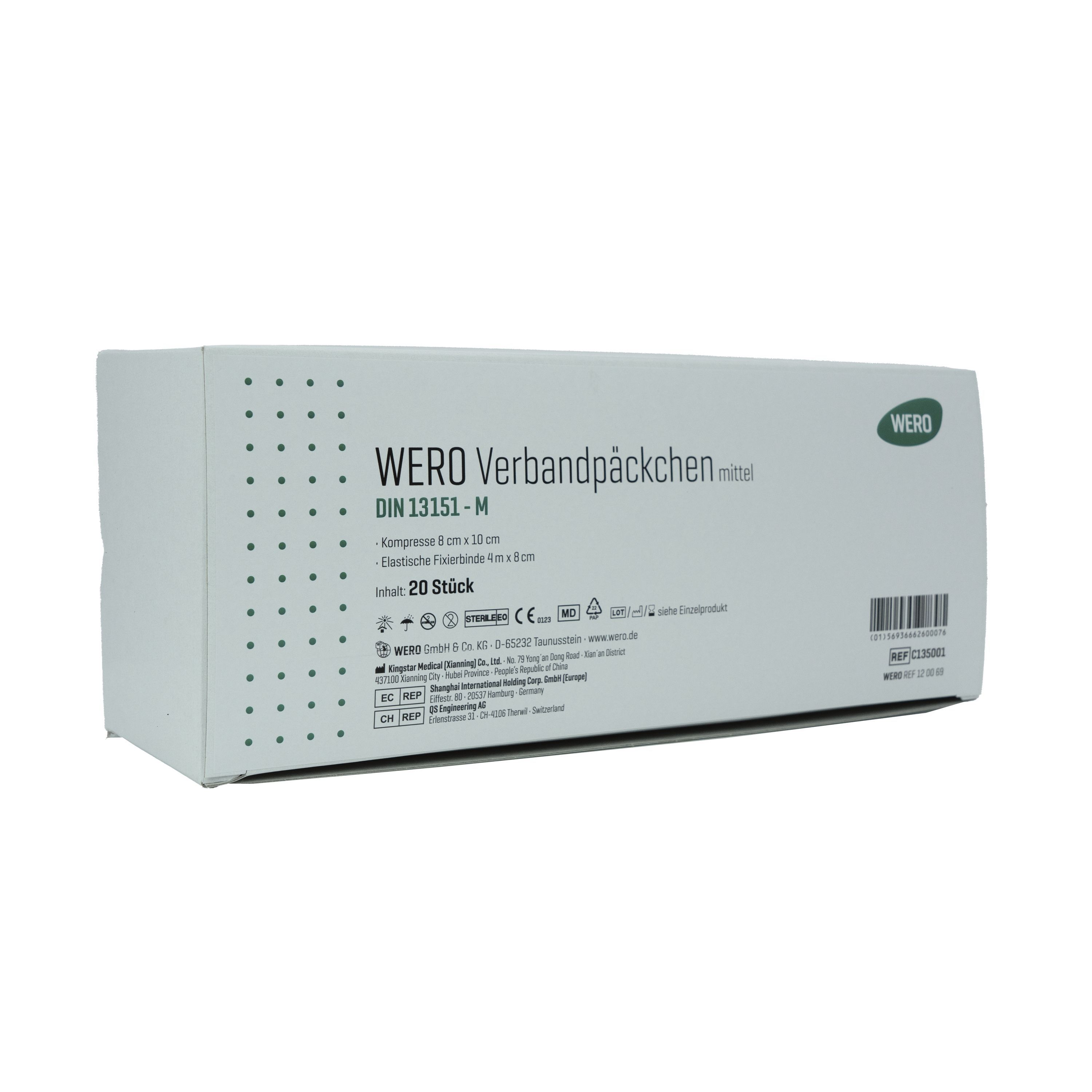 Weiße Verpackung mit Aufschrift WERO Verbandpäckchen. DIN 13151-M. Enthält 20 Stück. Grün-weißes Logo.