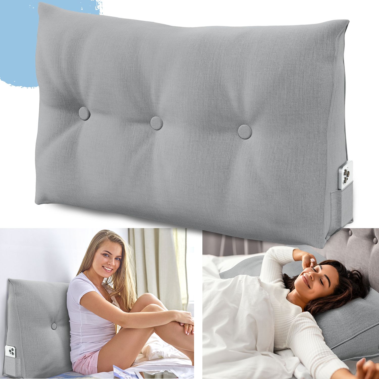 Graues Keilkissen mit Knöpfen und Seitentasche. Frauen nutzen es im Bett und auf dem Sofa. Das Kissen ist rechteckig.
