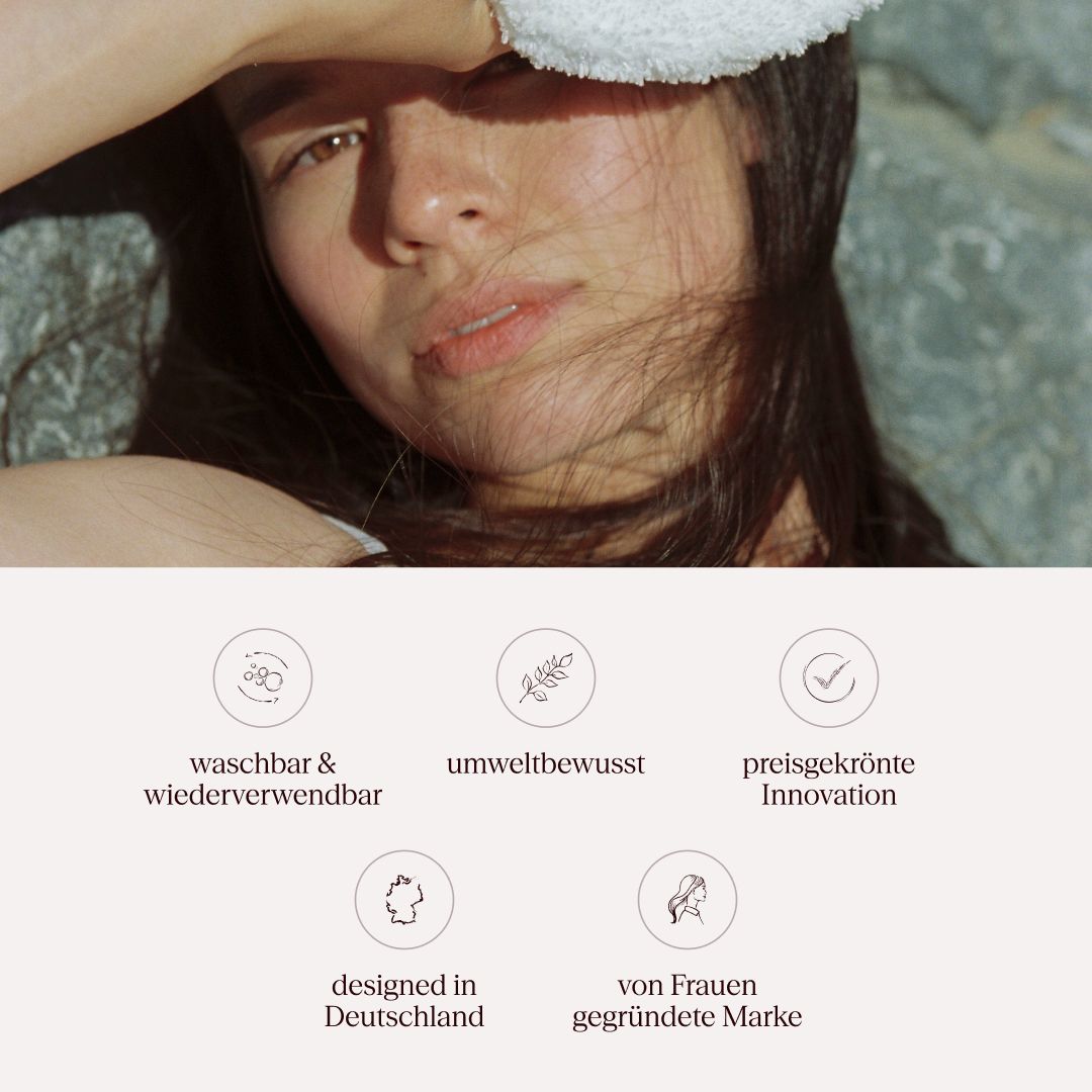 Frau mit Abschminkpad. Symbole: Waschbar, umweltbewusst, preisgekrönte Innovation, designed in Deutschland, von Frauen gegründet.