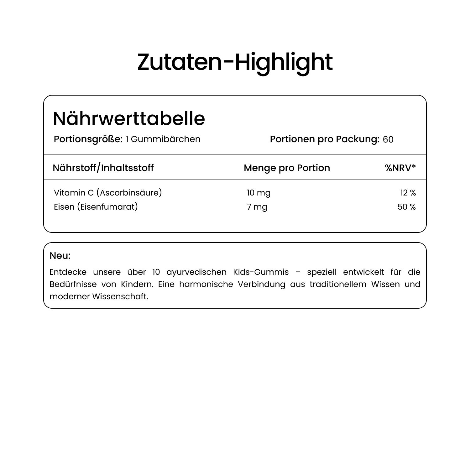 Nährwerttabelle: Vitamin C 10mg, Eisen 7mg. Für Kinder.