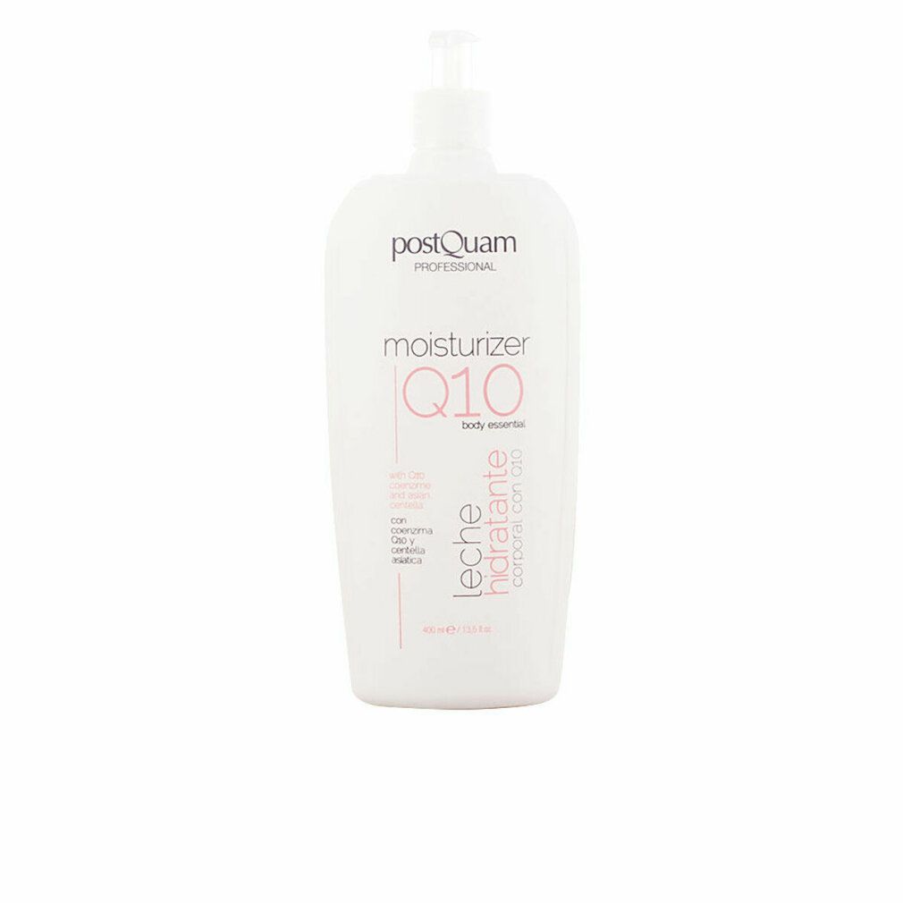 Weiße Flasche mit Pumpe. Produktname: moisturizer Q10. Text auf der Flasche.