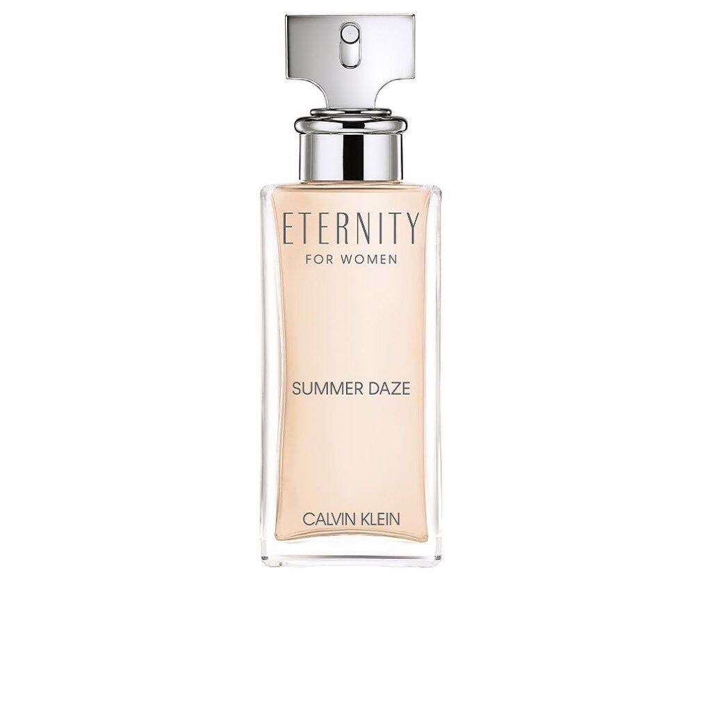 Parfümflasche mit silbernem Verschluss. Rosa Flüssigkeit in rechteckiger Glasflasche. Text: Eternity for Women, Summer Daze, Calvin Klein.