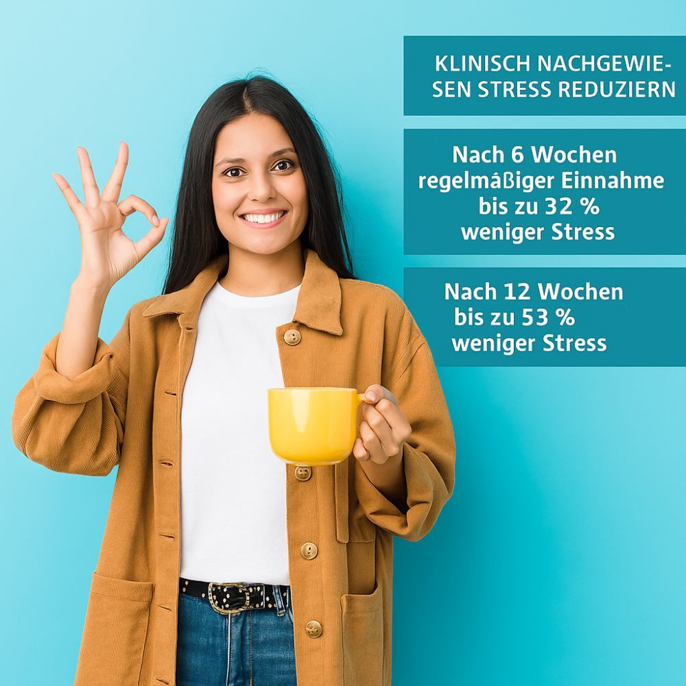 Frau mit brauner Jacke und gelber Tasse. Text: Klinisch nachgewiesen Stress zu reduzieren. Bis zu 32% weniger Stress nach 6 Wochen.