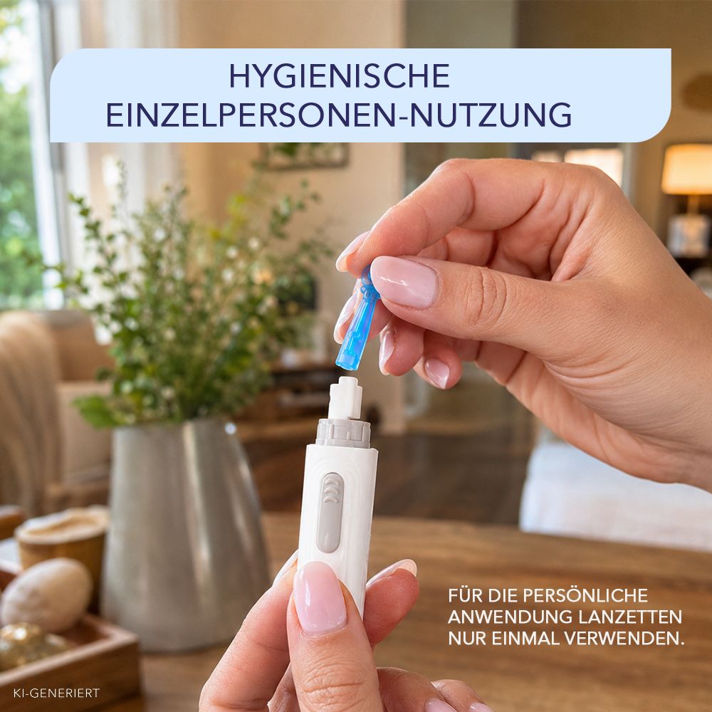 Hand führt blaue Lanzette in weißes Messgerät ein. Text: Hygienische Einzelpersonen-Nutzung.