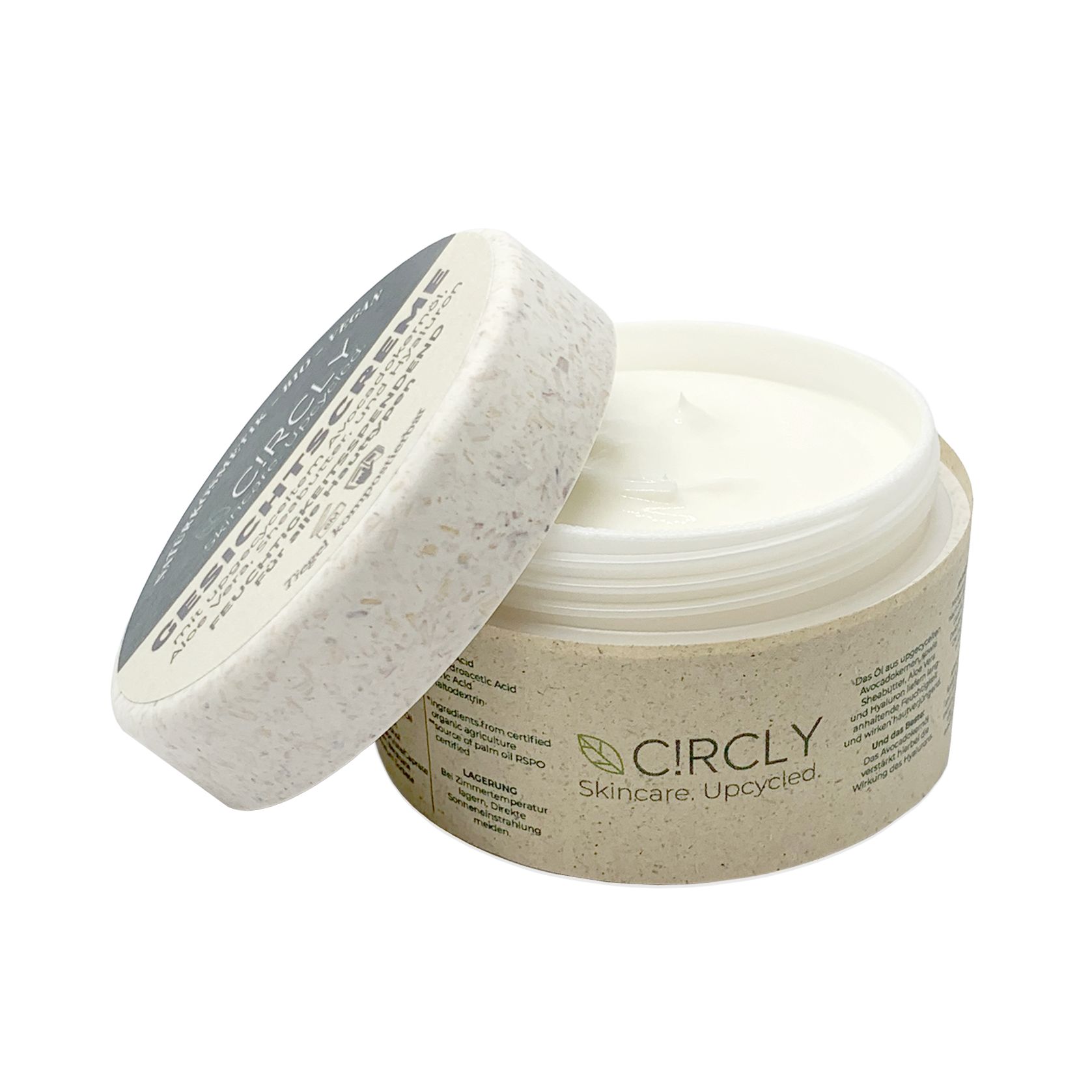 Creme-Tiegel mit Deckel. Aufschrift: CIRCLY Gesichtscreme. Beige Verpackung, weißer Inhalt. Deckel daneben.
