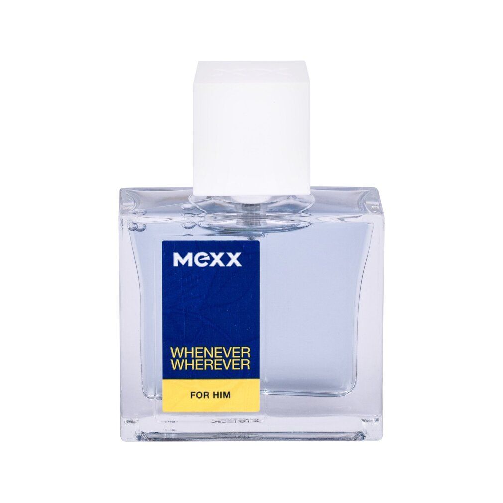 Glasflakon mit weißem Verschluss. Aufkleber mit MEXX, Whenever Wherever, For Him. Rechteckige Form.