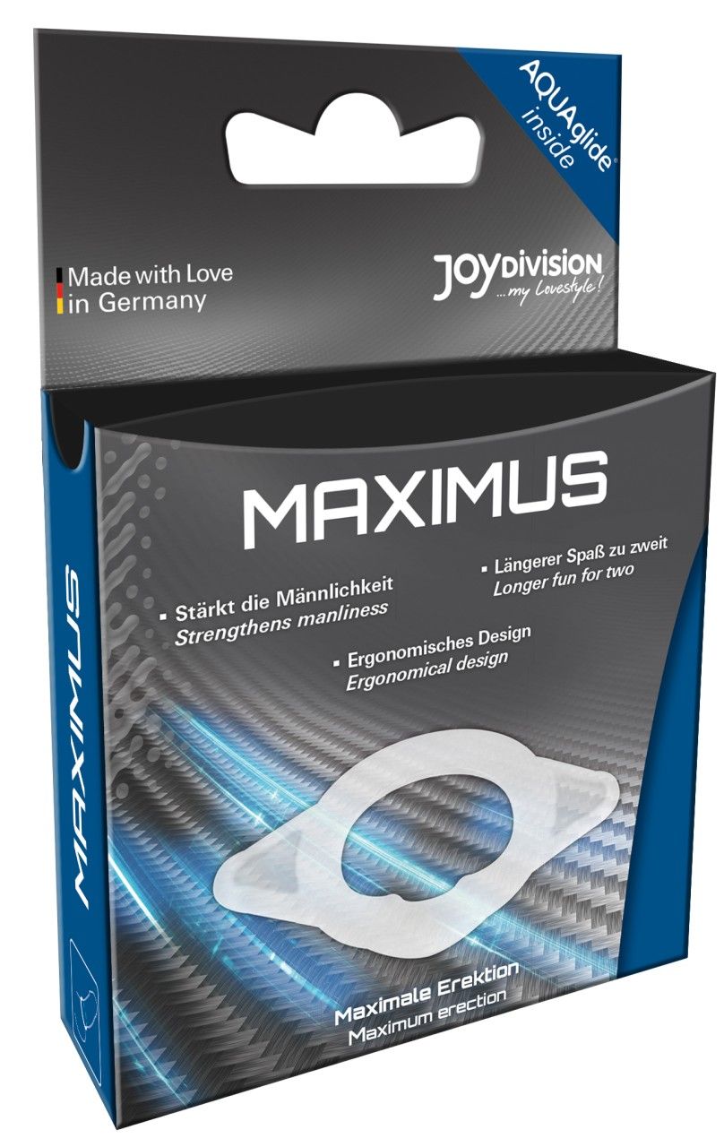 Verpackung von MAXIMUS. Weißer Potenzring in geöffneter Schachtel. Schriftzug MAXIMUS, AquaGlide, Made in Germany. Ergonomisches Design.