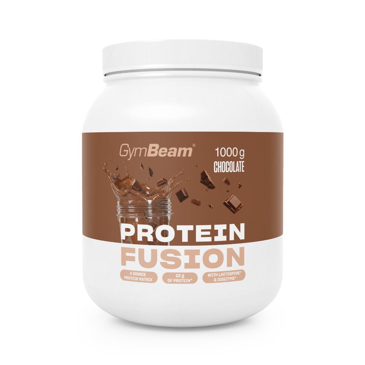 GymBeam Protein Fusion Schokoladenpulver in weißem Behälter mit braunem Etikett.