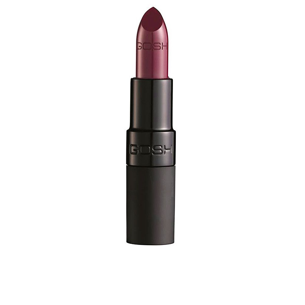 Dunkelroter Lippenstift in schwarzer Hülse. Der Schriftzug "GOSH" ist auf dem Gehäuse zu sehen.