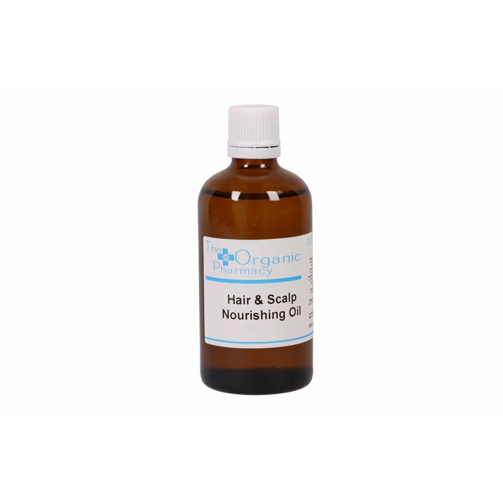 Braune Glasflasche mit weißem Deckel und Etikett. Text: Hair & Scalp Nourishing Oil.