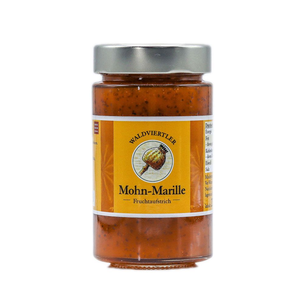 Glas Mohn-Marille Frucht aufstrich mit Mohnsamen und Fruchtstücken.