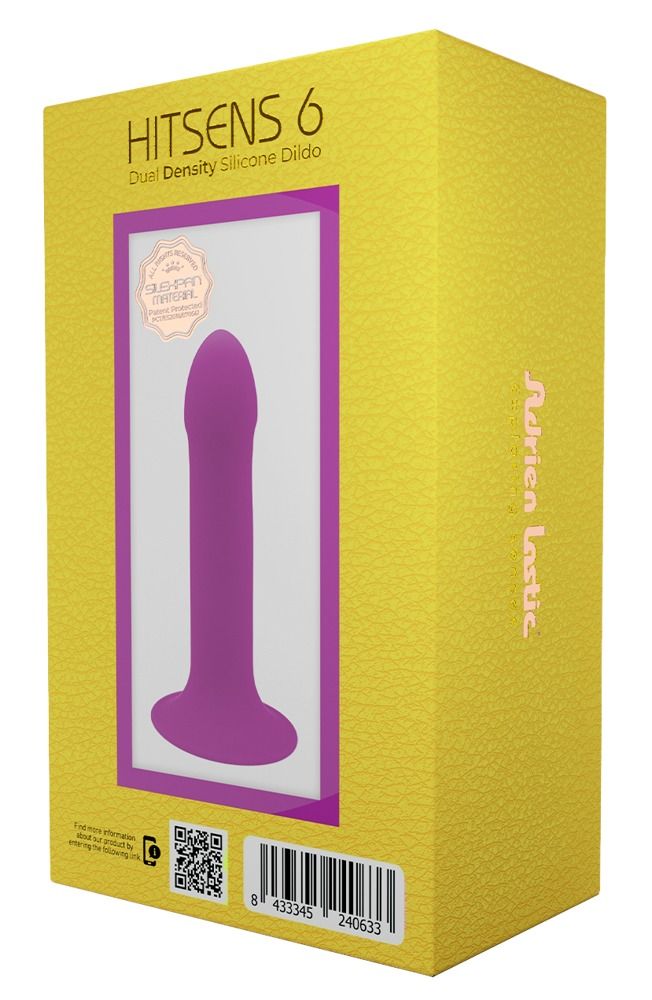 Gelbe Verpackung mit lila Dildo. Aufschrift: Hitsens 6, Dual Density Silicone Dildo. Marke: Adrien Lastic.