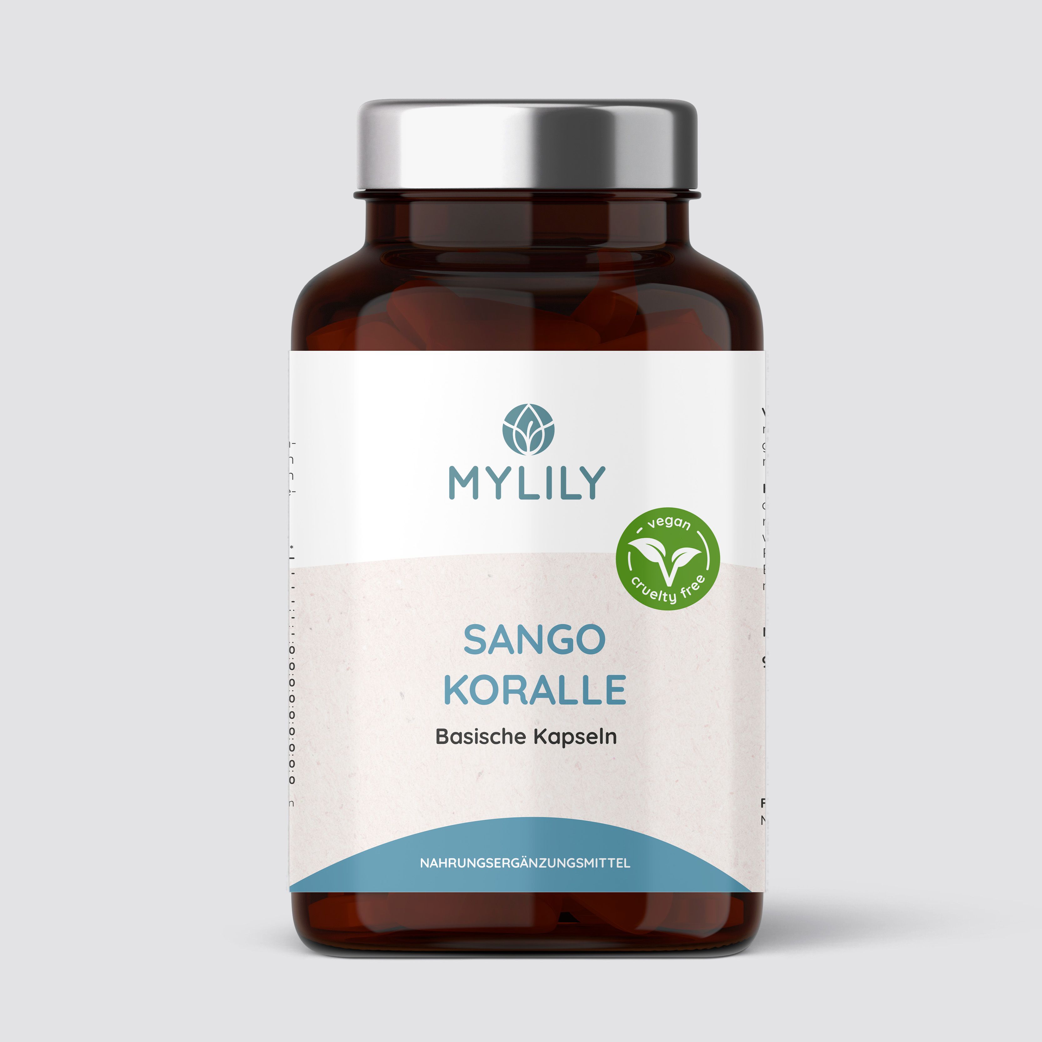 Braune Flasche mit weißen Etikett. Auf dem Etikett steht MYLILY, Sango Koralle, Basische Kapseln. Vegan- und Cruelty-free-Siegel.