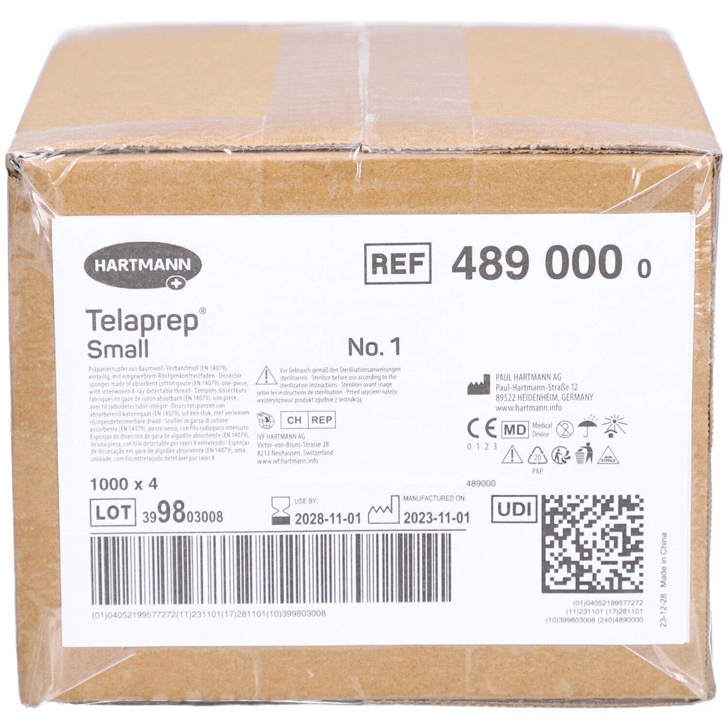 Karton mit Telaprep Präpariertupfer. Aufschrift: HARTMANN, REF 489 000 0, No. 1, LOT-Nummer, Verfallsdatum 2028-11-01, UDI-Code.