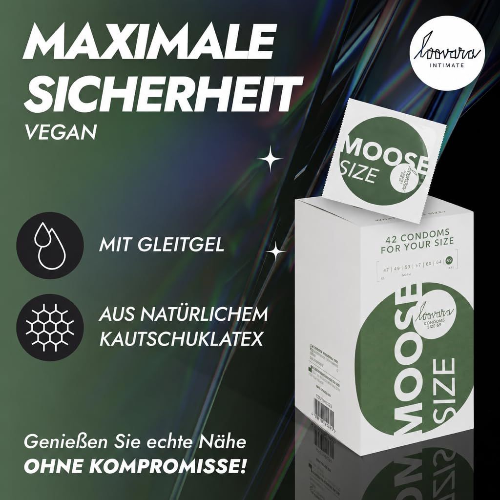 Packung mit 42 veganen Kondomen mit Gleitgel. Aus natürlichem Kautschuklatex.