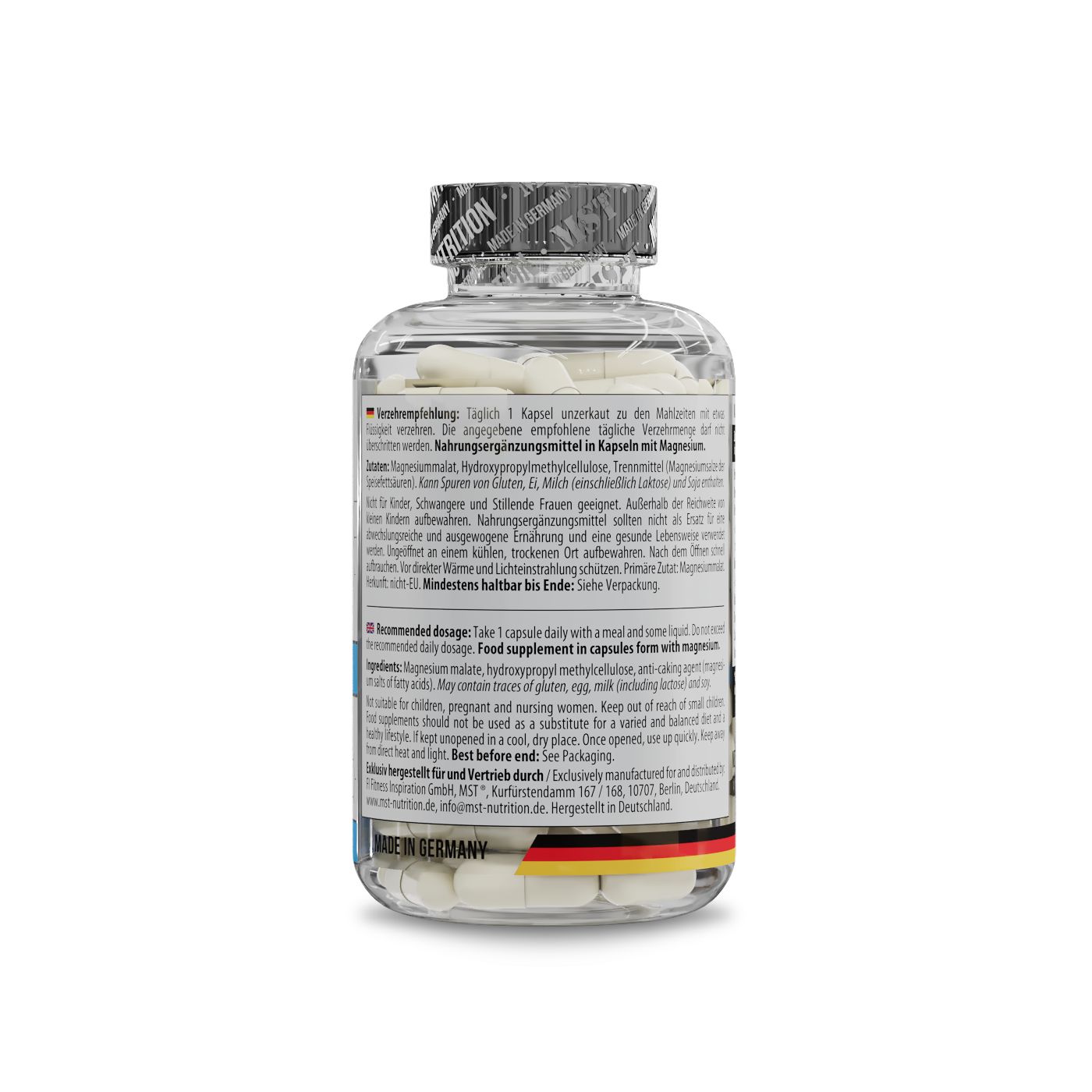Rückseite einer transparenten Flasche mit weißen Kapseln. Etikett mit Inhaltsstoffen und Anwendungshinweisen. Schwarzer Deckel. Hergestellt in Deutschland.