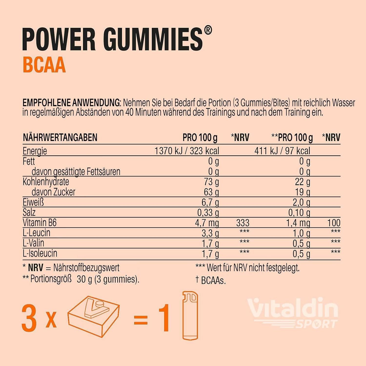 Nährwertangaben für Power Gummies BCAA. Angaben pro 100g und pro Portion (3 Gummies).