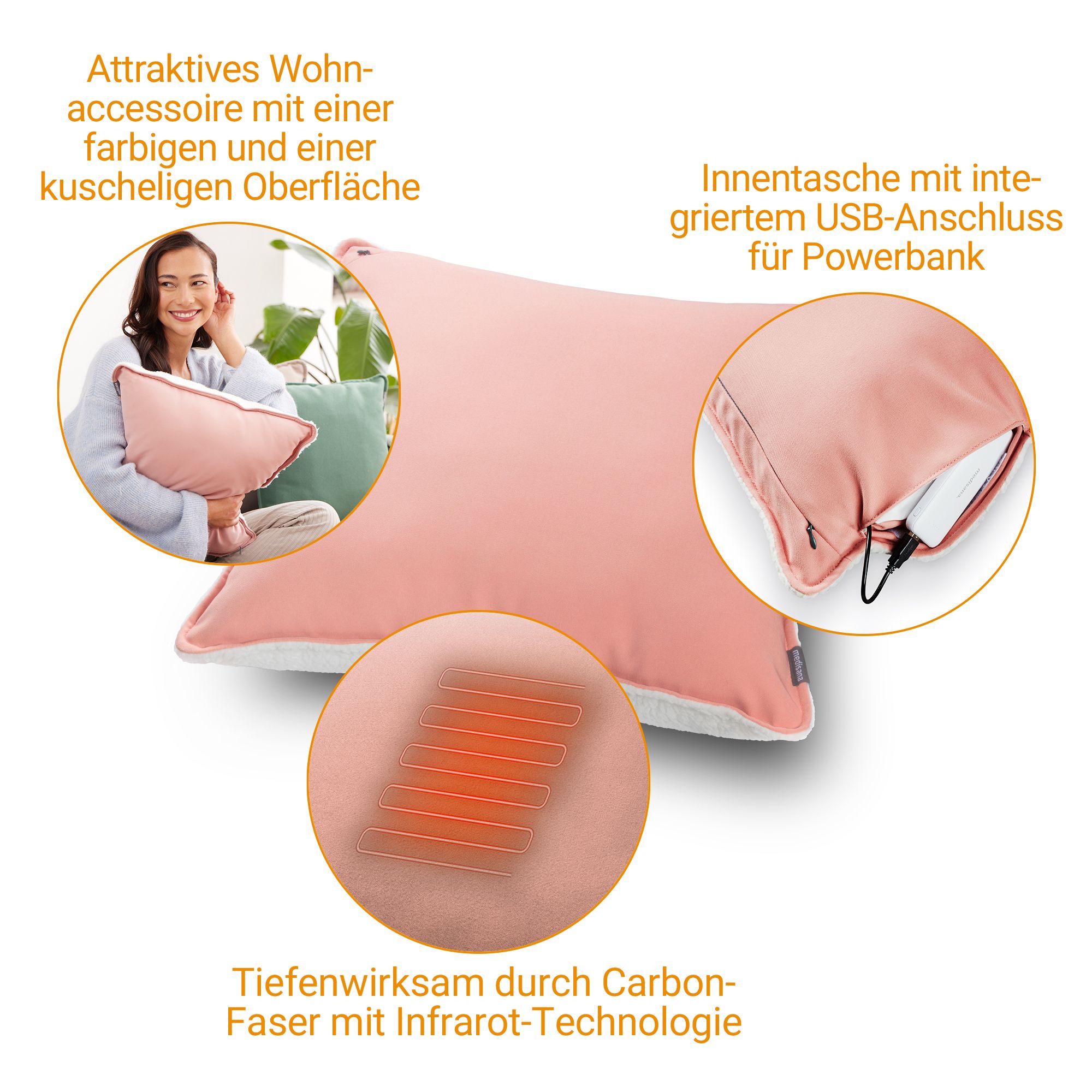 Rosa Heizkissen mit USB-Anschluss, Carbonfasern und Infrarot-Technologie.