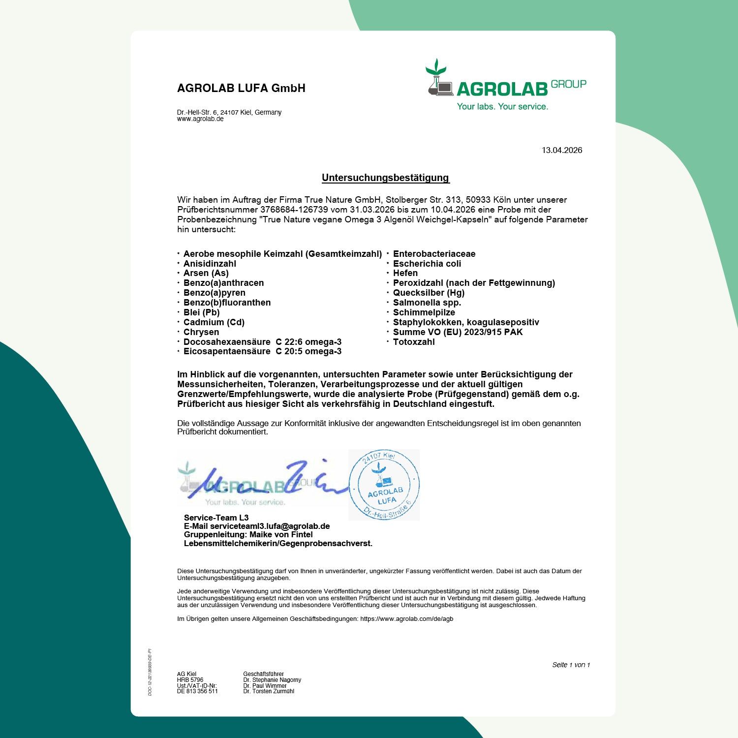 Zertifikat der AGROLAB LUFA GmbH. Unterschrift, Stempel. Auflistung von Parametern, Untersuchungsergebnissen und Konformität.