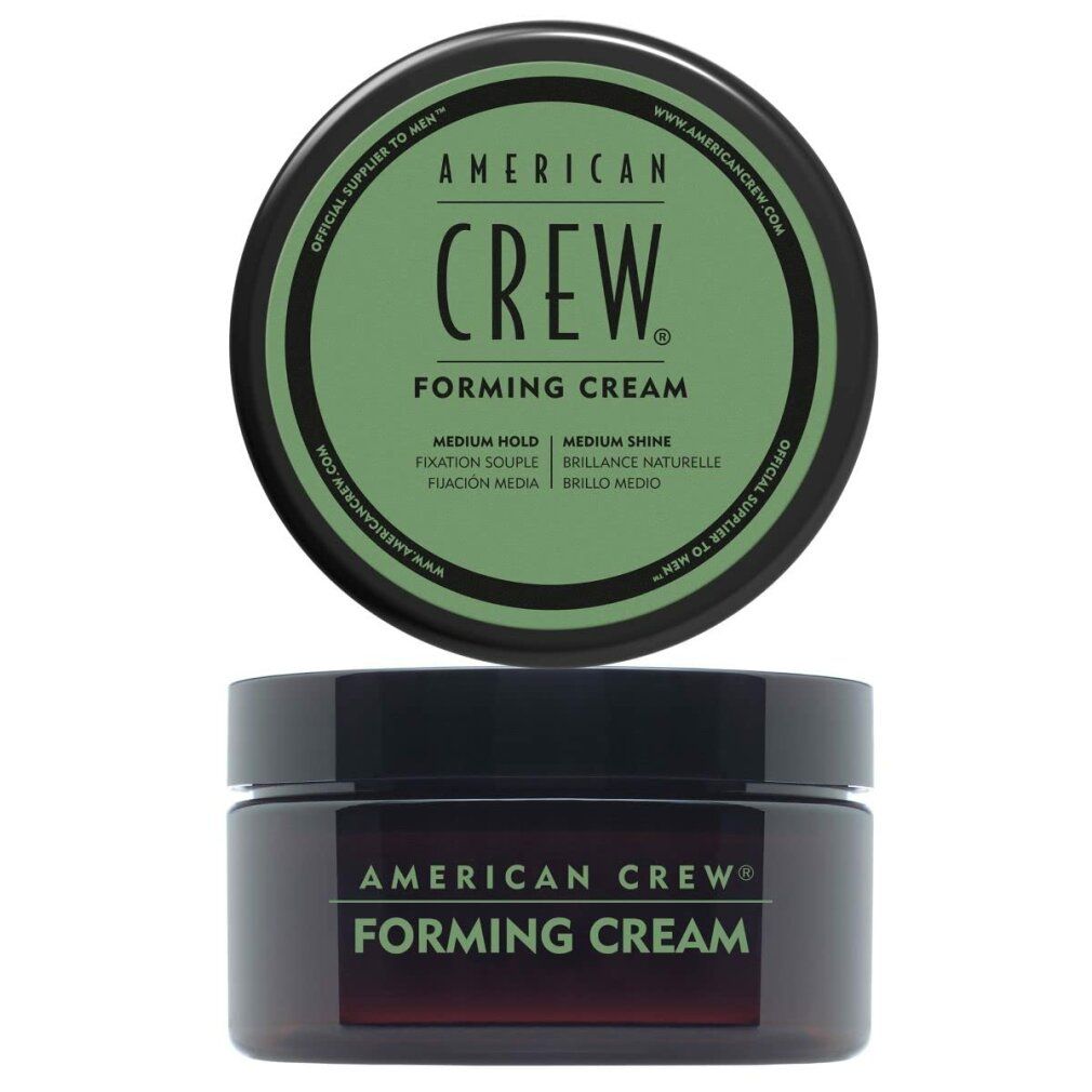 Dunkelbrauner Tiegel mit grünem Deckel. Aufschrift: American Crew Forming Cream. Deckel mit grünem Kreis und Schriftzug.