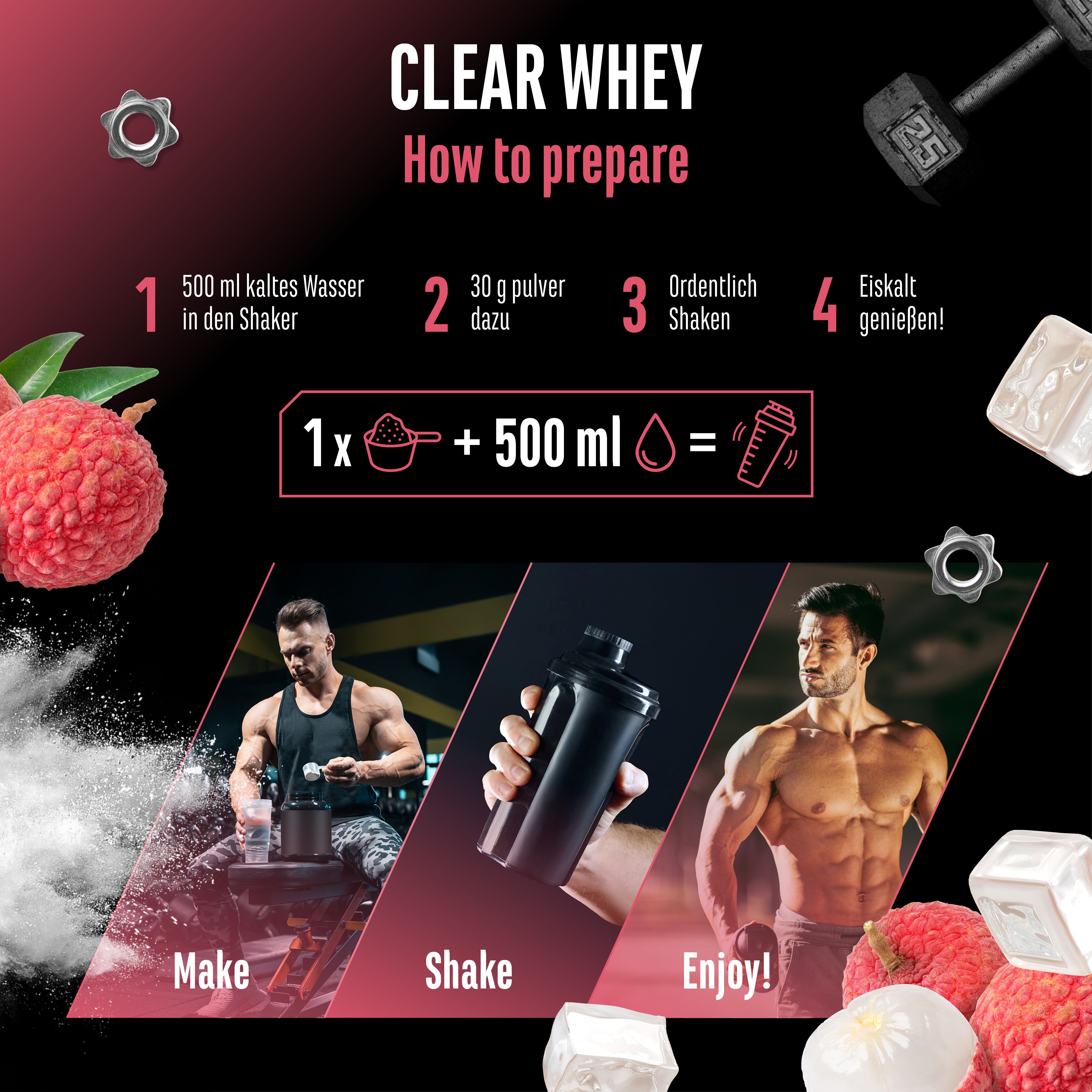 Anleitung zur Zubereitung von "CLEAR WHEY". Schritte: 500ml kaltes Wasser, 30g Pulver, shaken, eiskalt genießen. Abbildungen.