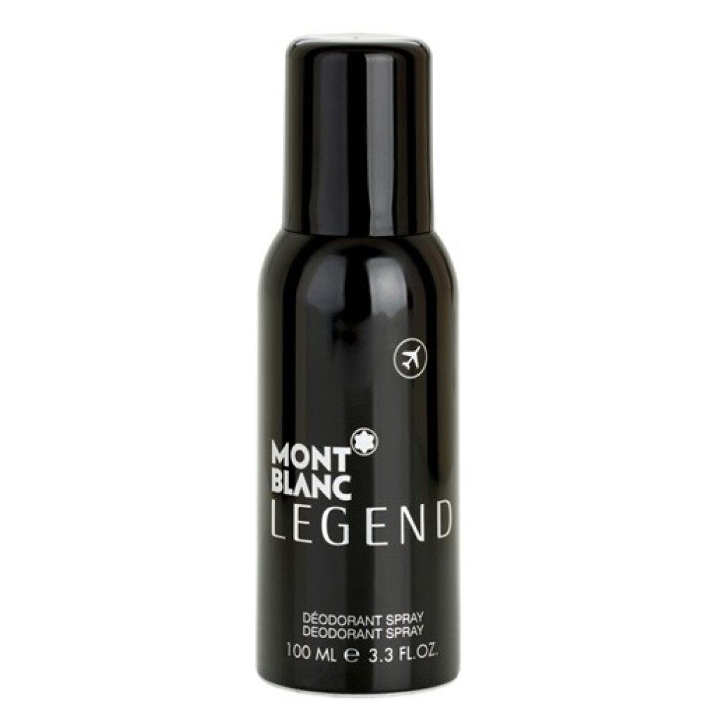 Schwarze Deodorant-Spray-Flasche. Aufschrift: MONTBLANC LEGEND. Mit Logo und Text: DÉODORANT SPRAY, 100 ml.