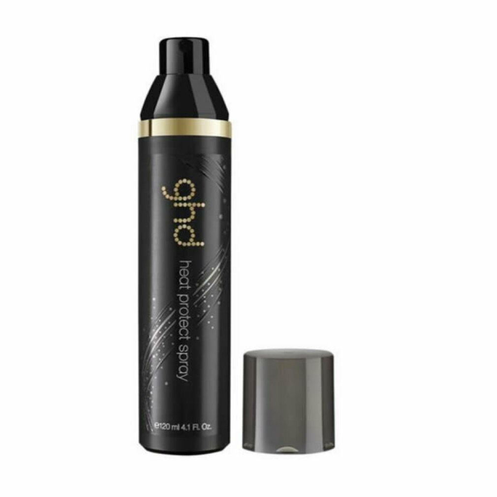 Schwarze Sprühflasche mit goldfarbenem Aufdruck. Aufschrift: ghd heat protect spray. Deckel daneben.