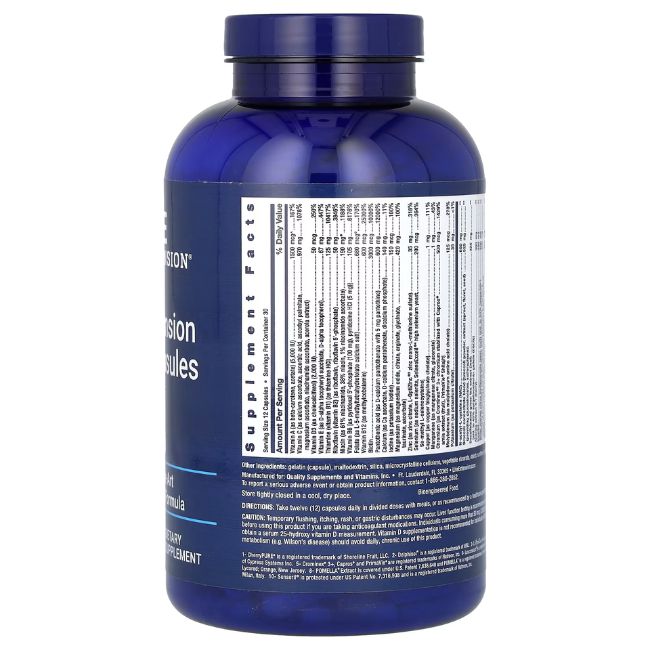 Blaue Flasche mit weißen Kapseln. Etikett mit Nährwertangaben und Inhaltsstoffen. Text: Life Extension, Supplement.