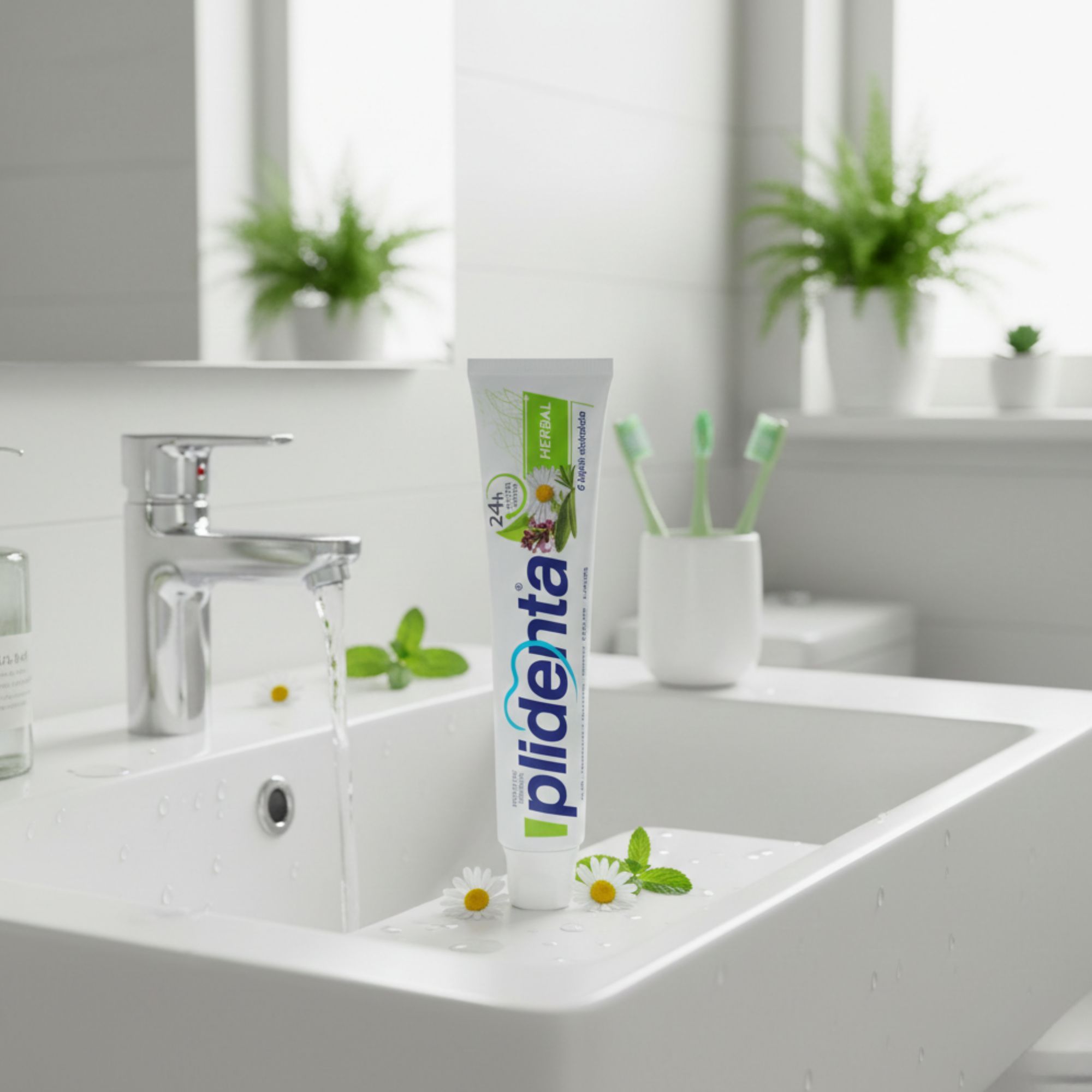 Zahnpasta-Tube "plidenta Herbal" auf einem Waschbecken. Daneben grüne Blätter und Gänseblümchen. Wasserhahn geöffnet.