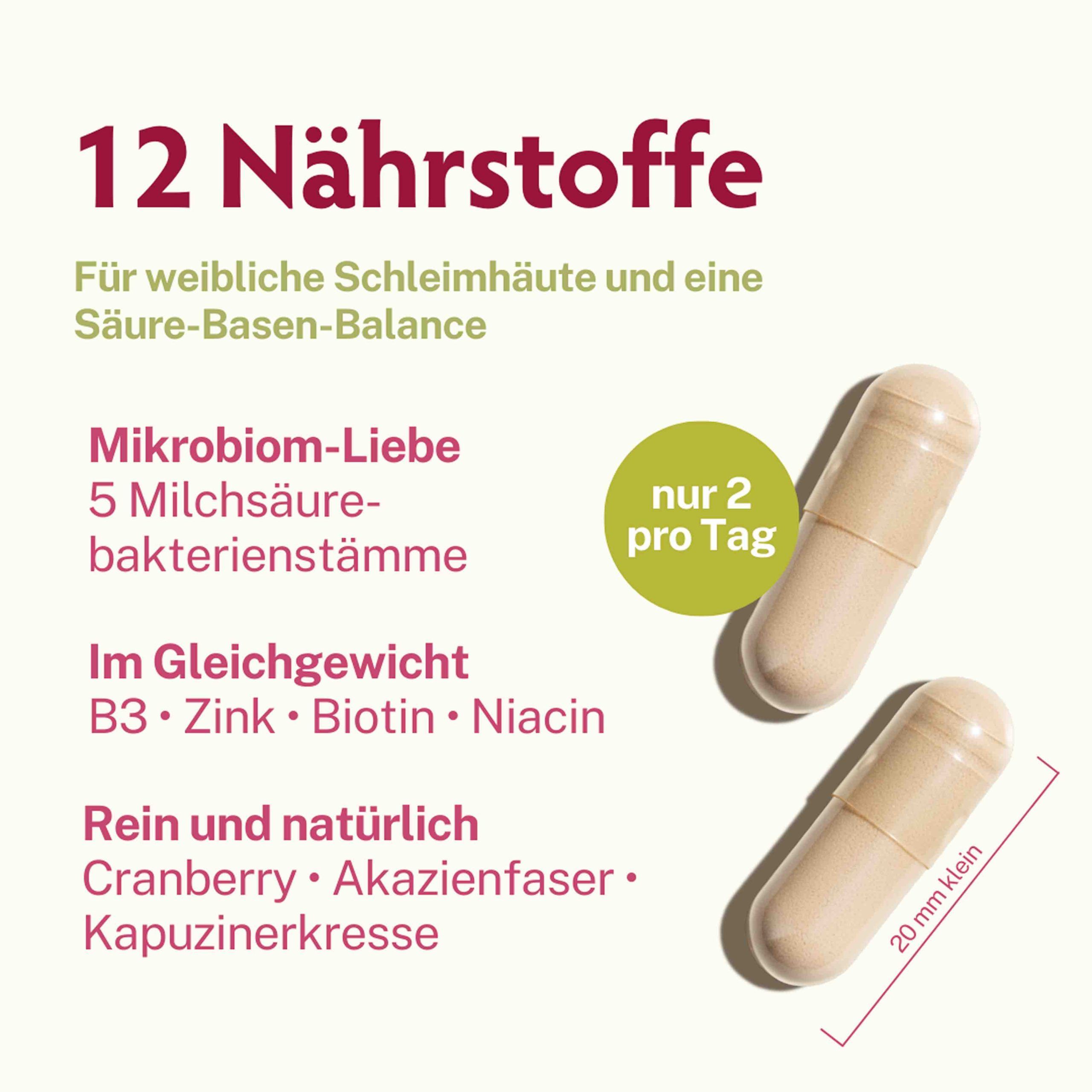 Zwei Kapseln neben Text. Text: 12 Nährstoffe, 5 Milchsäurebakterienstämme, B3, Zink, Biotin, Niacin, Cranberry, Akazienfaser.