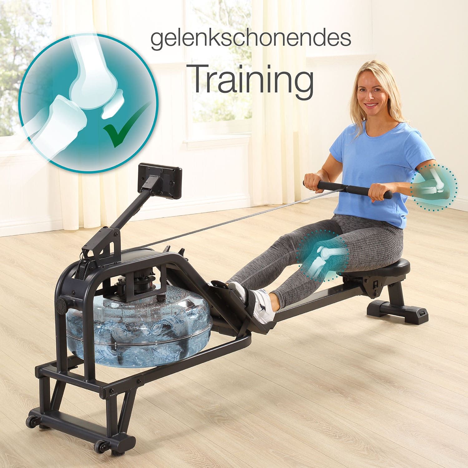 Frau auf Rudergerät. Gelenkschonendes Training. Rudergerät mit Wasserbehälter, Sitz, Fußstützen und Display. Schwarzes Metallgestell.