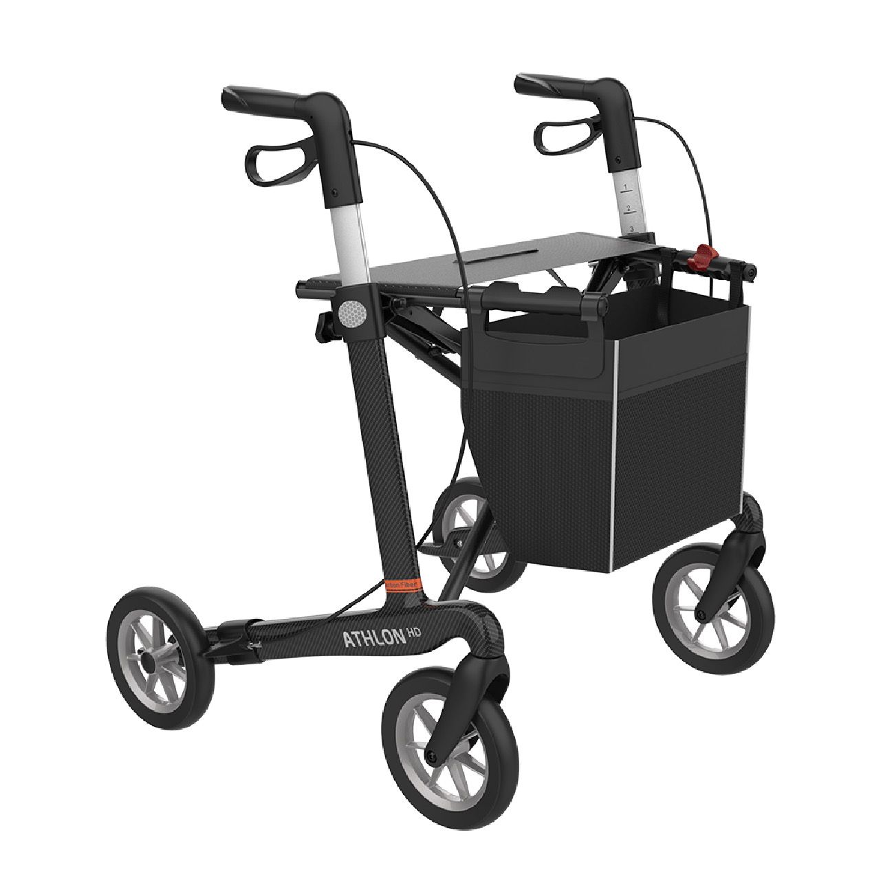Schwarzer Rollator mit Korb. Graue Räder. ATHLON HD Schriftzug.
