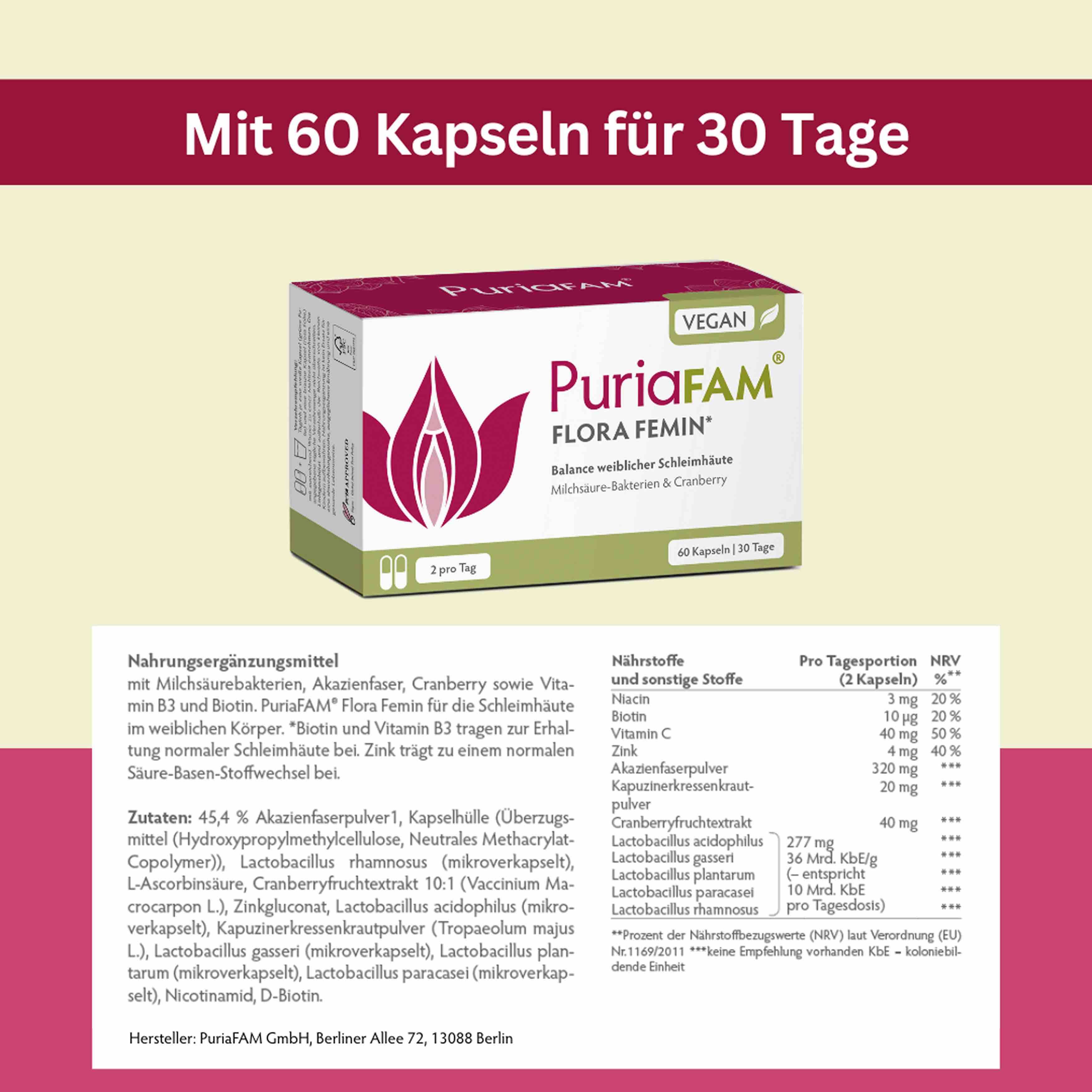 Produktverpackung mit Inhaltsangaben. Text: 60 Kapseln für 30 Tage, Inhaltsstoffe, Nährwertangaben, vegan.