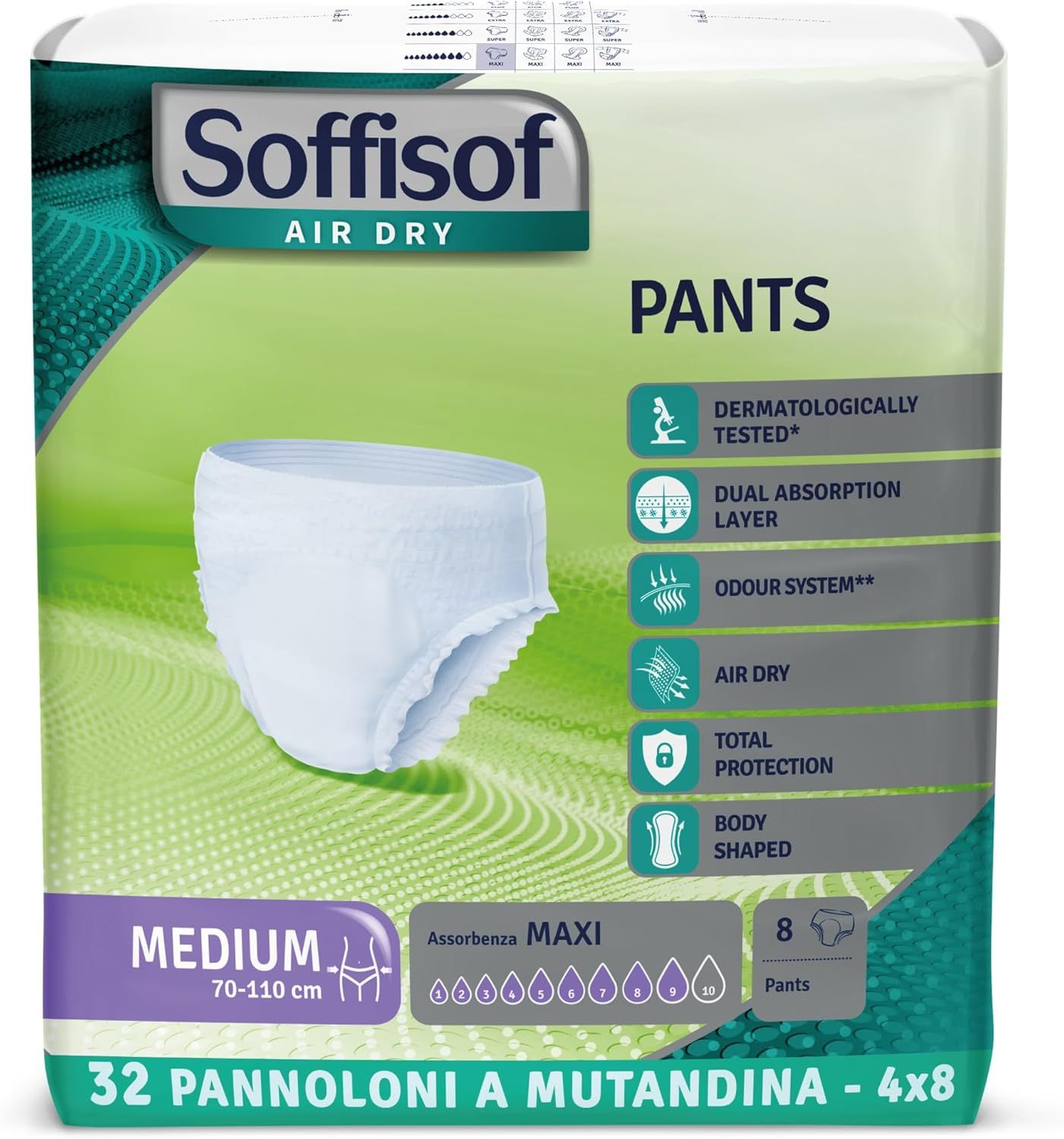 Soffisof Pants Maxi Inkontinenz Windelhosen. Weiße Pants-Windel in Verpackung. Größe Medium, 70-110 cm. 8 Stück.