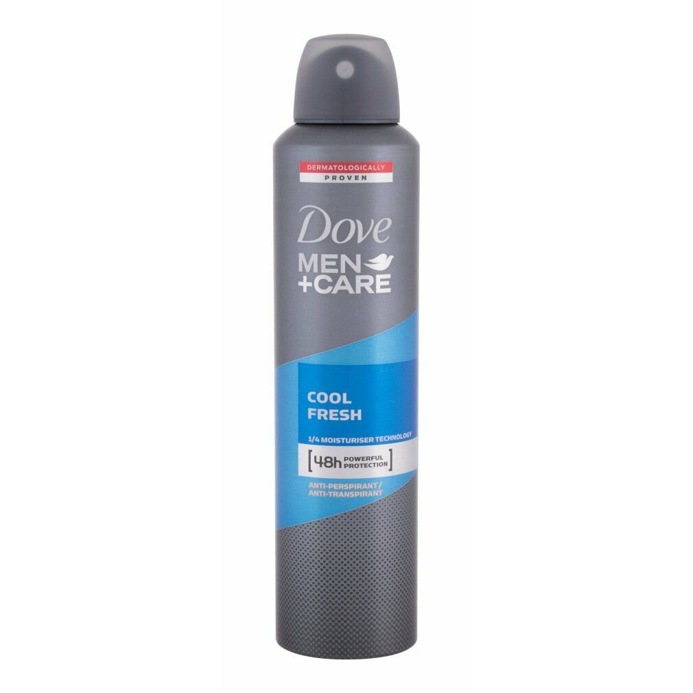 Dove Men+Care Cool Fresh Deospray. Grauer Behälter mit blauem Streifen. Text: Cool Fresh, 48h Protection, dermatologisch getestet.
