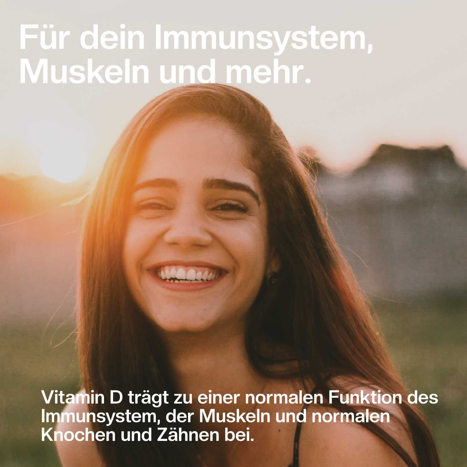 Etikett einer Vitamin D Flasche mit Zutatenliste und Dosierungsinformationen.