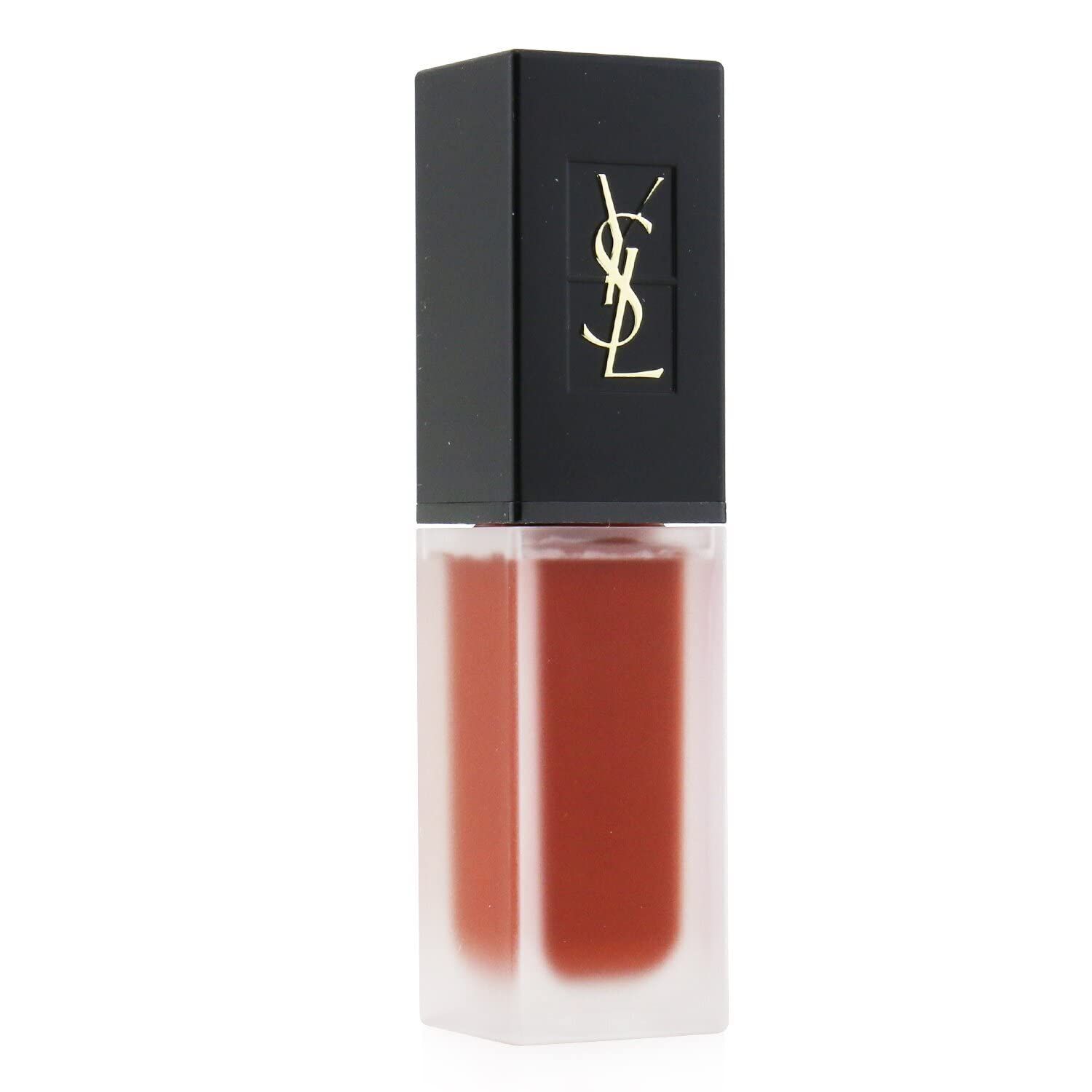 Lippenstift in rechteckiger, matter Glasflasche mit schwarzem Deckel. YSL-Logo auf dem Deckel. Roter Farbton.