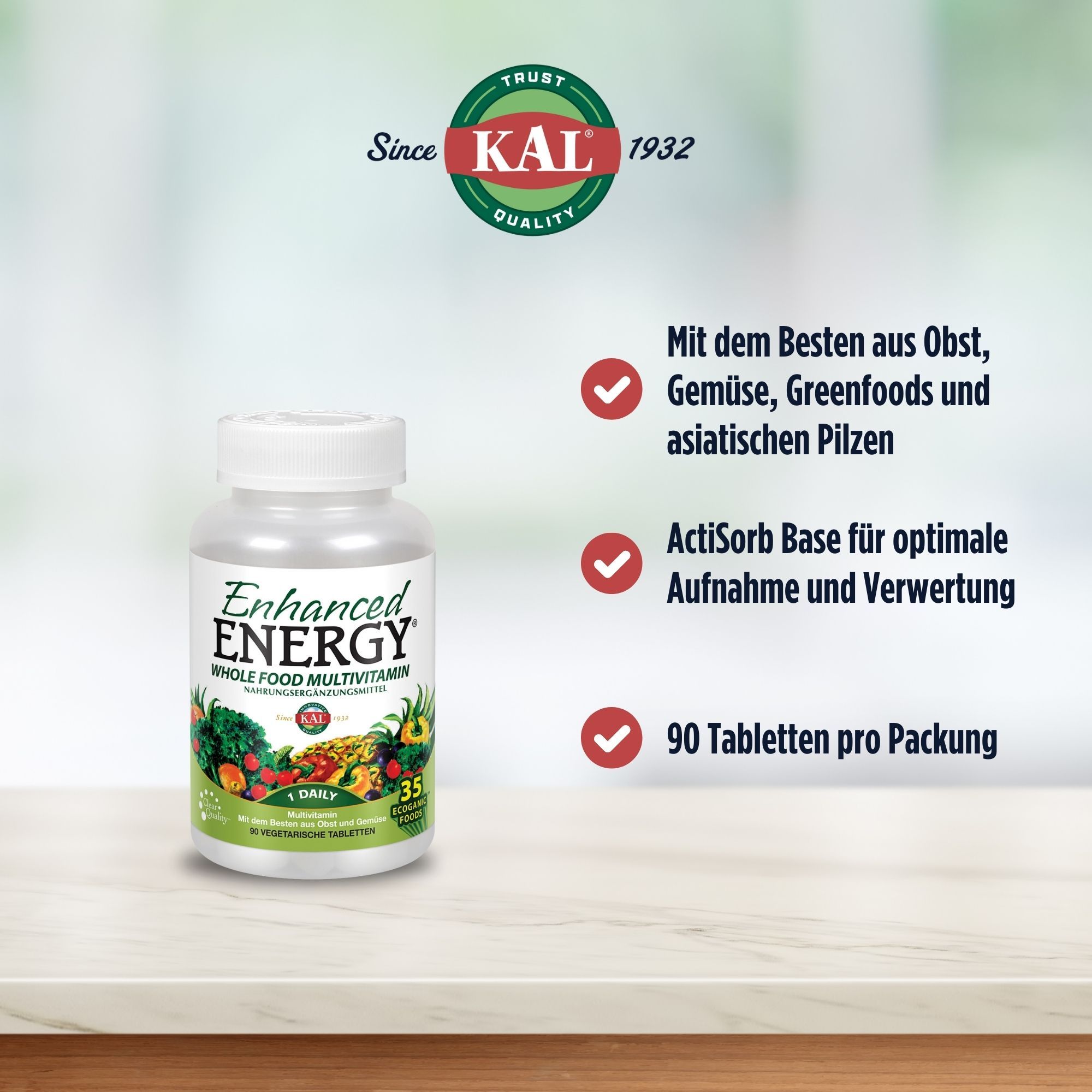 Eine Flasche Enhanced Energy Multivitamin. Aufschrift: Enhanced Energy, Whole Food Multivitamin. Mit KAL-Logo und Text.