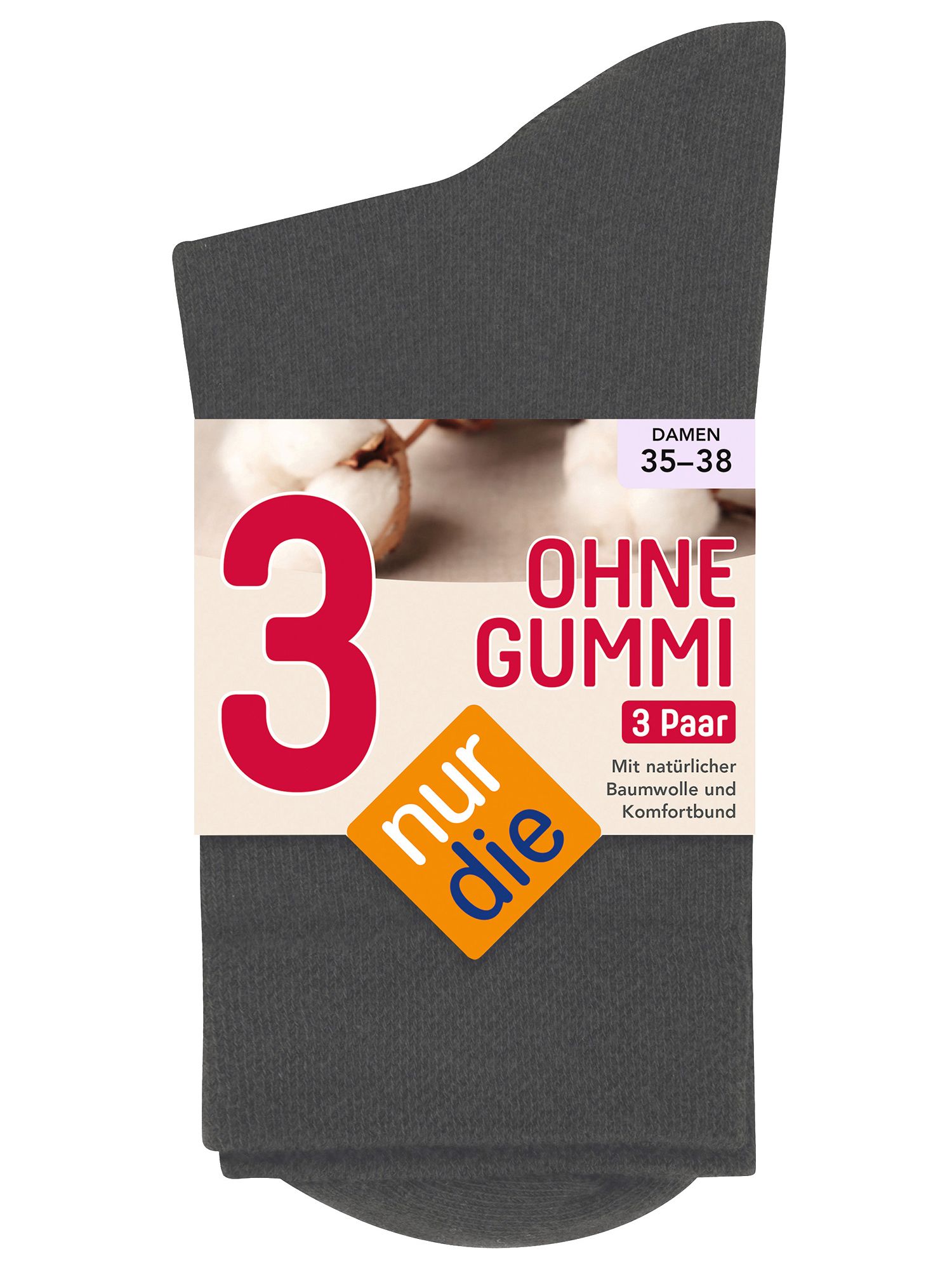 Dunkelgraue Socken, 3er Pack. Auf der Verpackung: "OHNE GUMMI", "3 Paar", "nur die" Logo. Baumwolle.