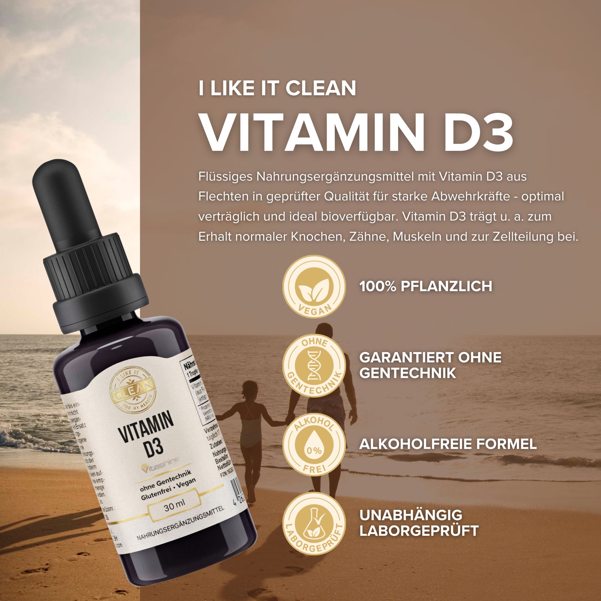 Braune Glasflasche mit schwarzem Deckel und Pipette. Aufschrift: Vitamin D3. Vegan, glutenfrei. 30 ml.