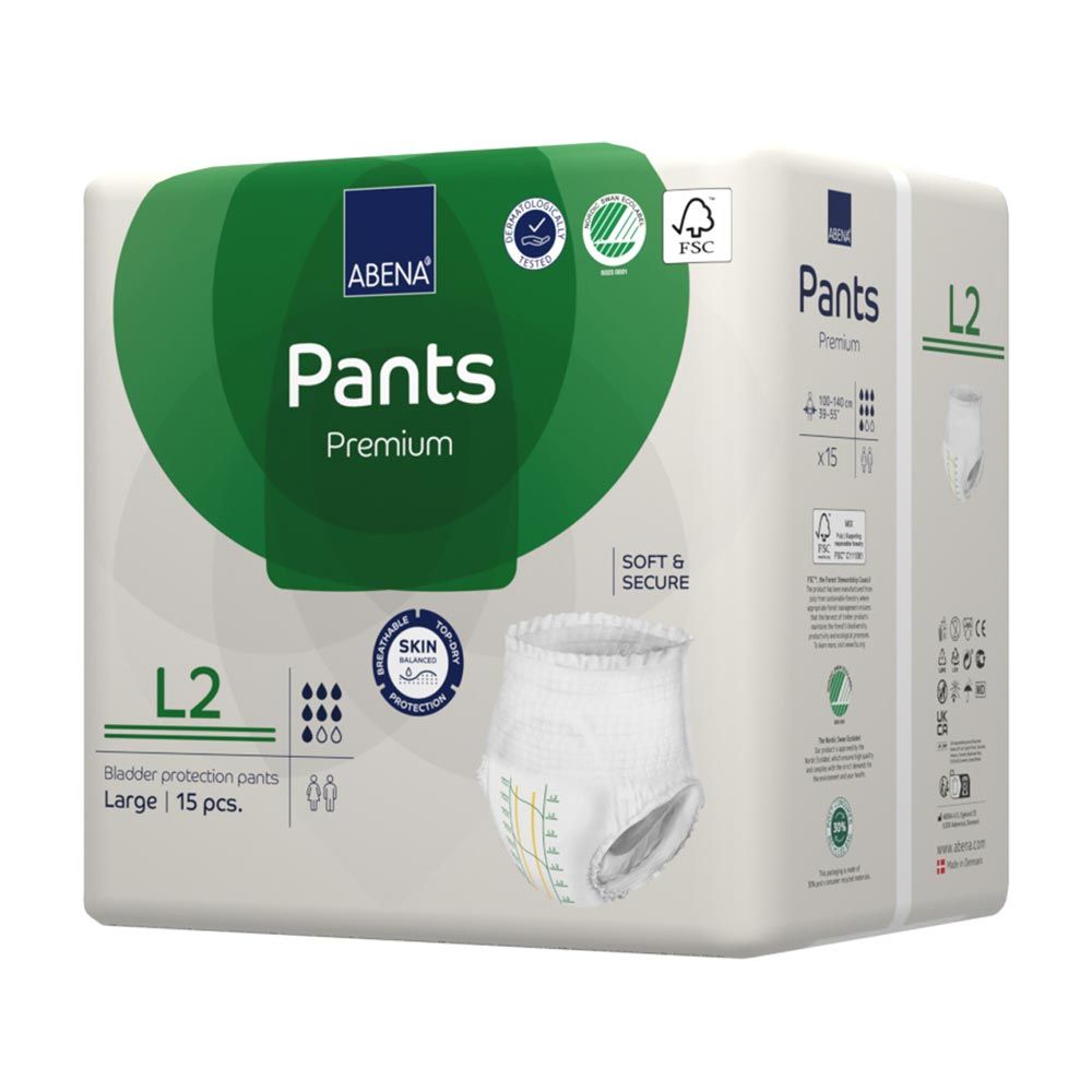 Abena Pants Premium L2 Packung. Grün-weißes Design mit Produktabbildung und Bezeichnung. FSC-Zertifizierung. 'Skin protection' und 'Soft & Secure'.