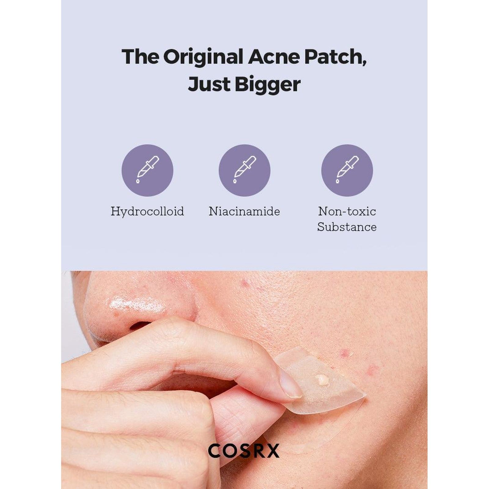 Person wendet ein COSRX Clear Fit Master Patch auf Pickel an. Hydrokolloid, Niacinamid, ungiftige Substanz.