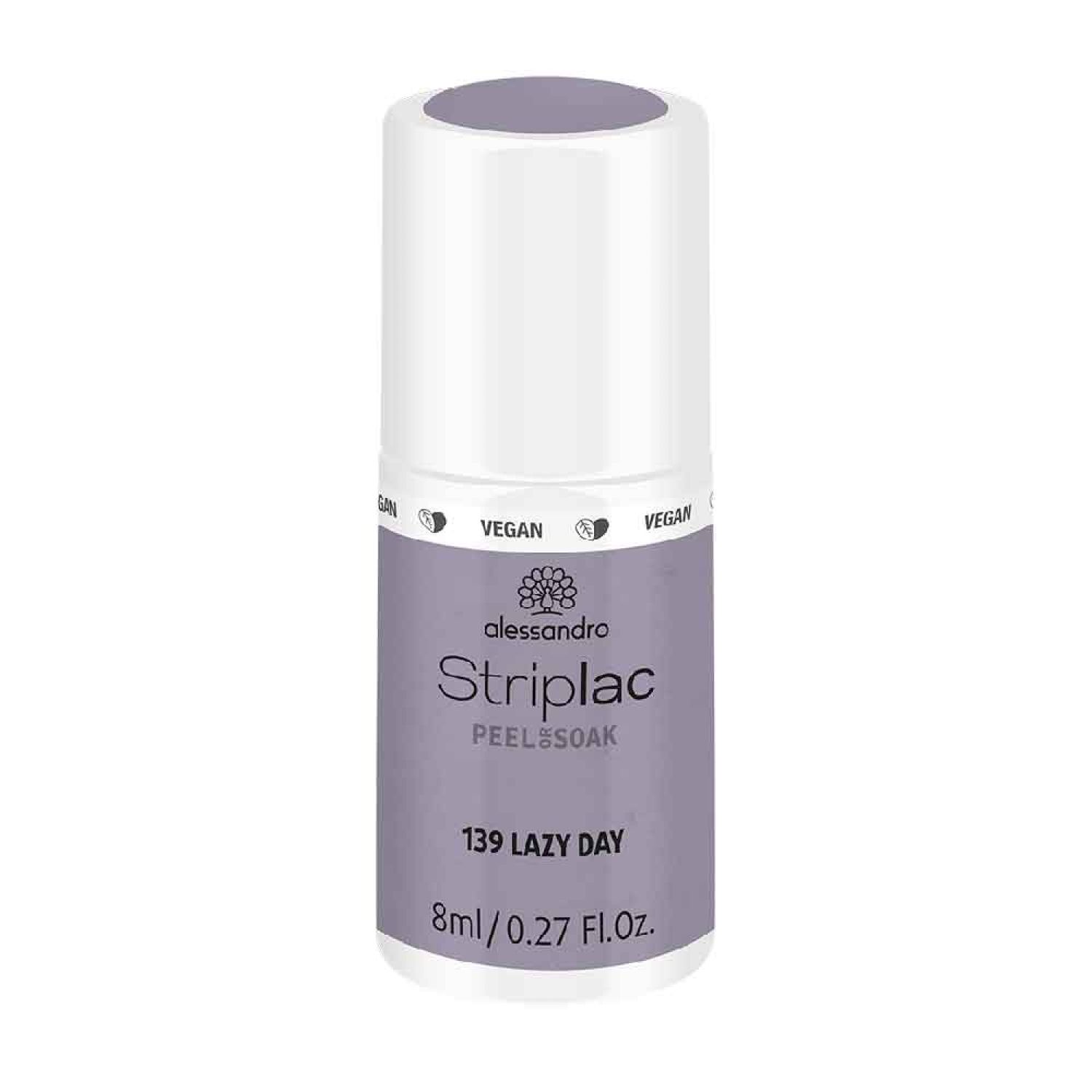 Flasche mit lila Nagellack. Aufschrift: Alessandro StripLac Peel&Soak, 139 Lazy Day, 8ml.