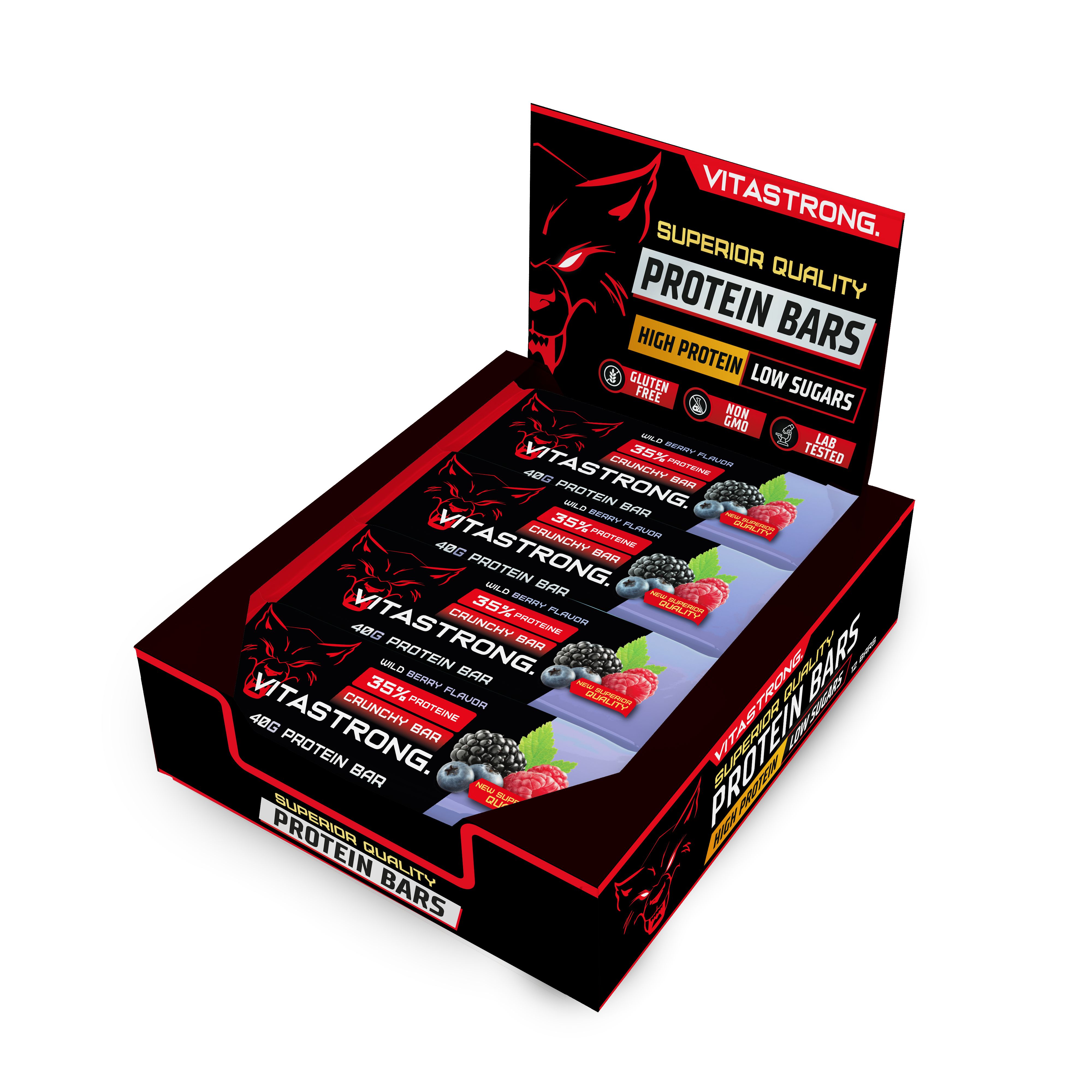 Vitastrong Proteinriegel-Box. Schwarze Box mit roten Akzenten. Aufdruck: Protein Bars, 35% Protein, glutenfrei, zuckerarm.