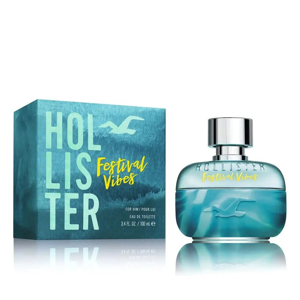 Blau-türkisfarbener Flakon und Schachtel. Aufschrift: Hollister Festival Vibes. Flakon mit silbernem Verschluss. Auf der Schachtel steht „For Him“.
