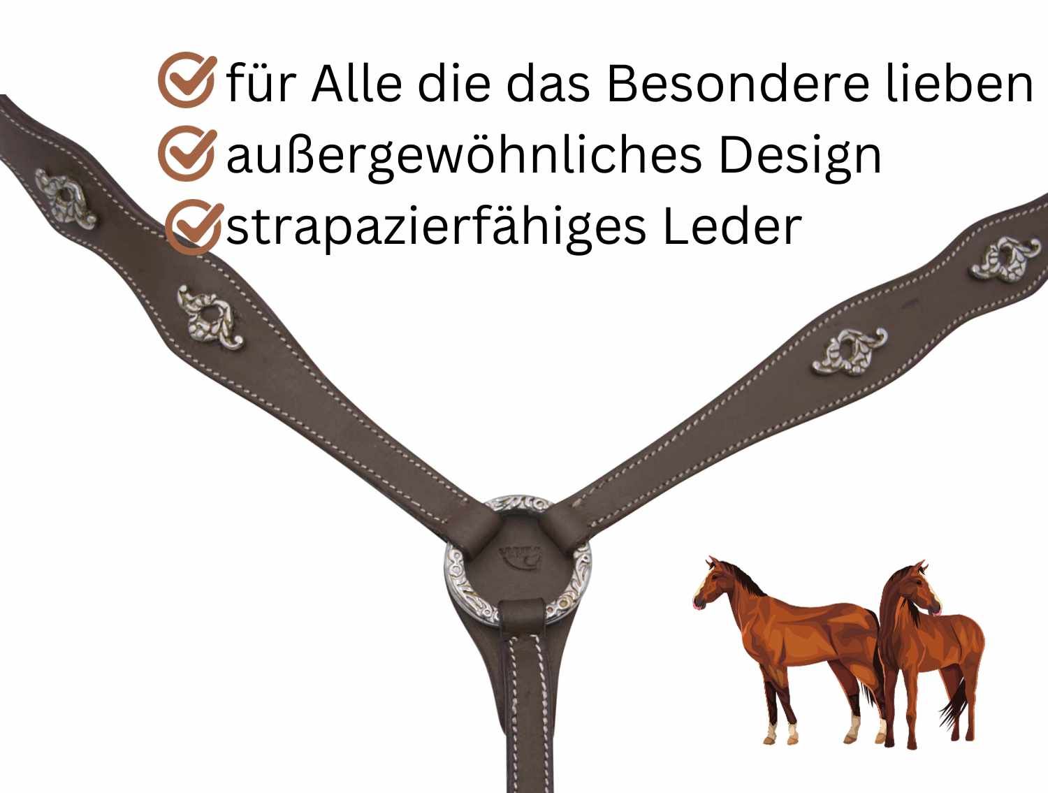 Braunes Vorderzeug mit silberfarbenen Verzierungen. Text: für Alle die das Besondere lieben, außergewöhnliches Design, strapazierfähiges Leder.