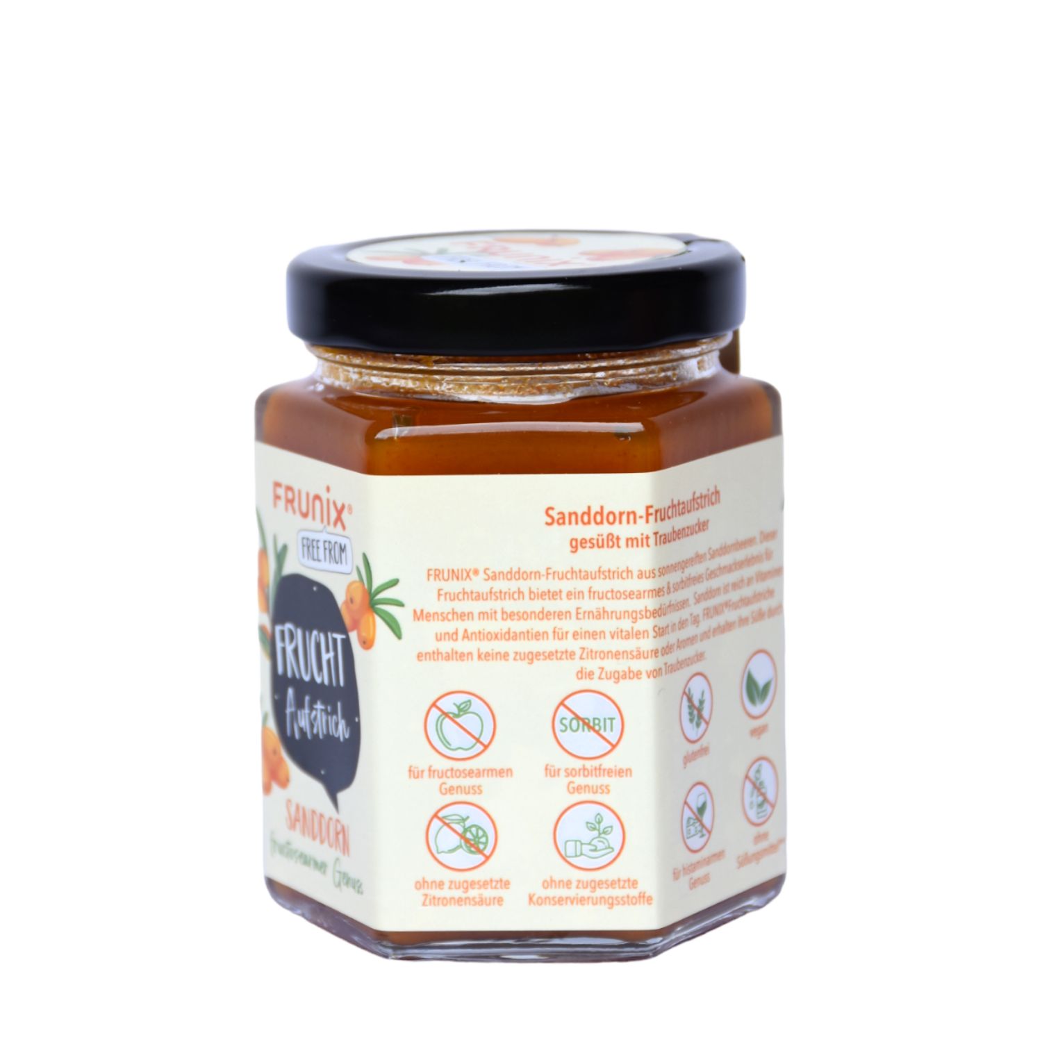 Glas mit Sanddorn-Fruchtaufstrich. Aufschrift: FRUNIX, Fruchtaufstrich, Sanddorn. Etikett mit Informationen und Symbolen.